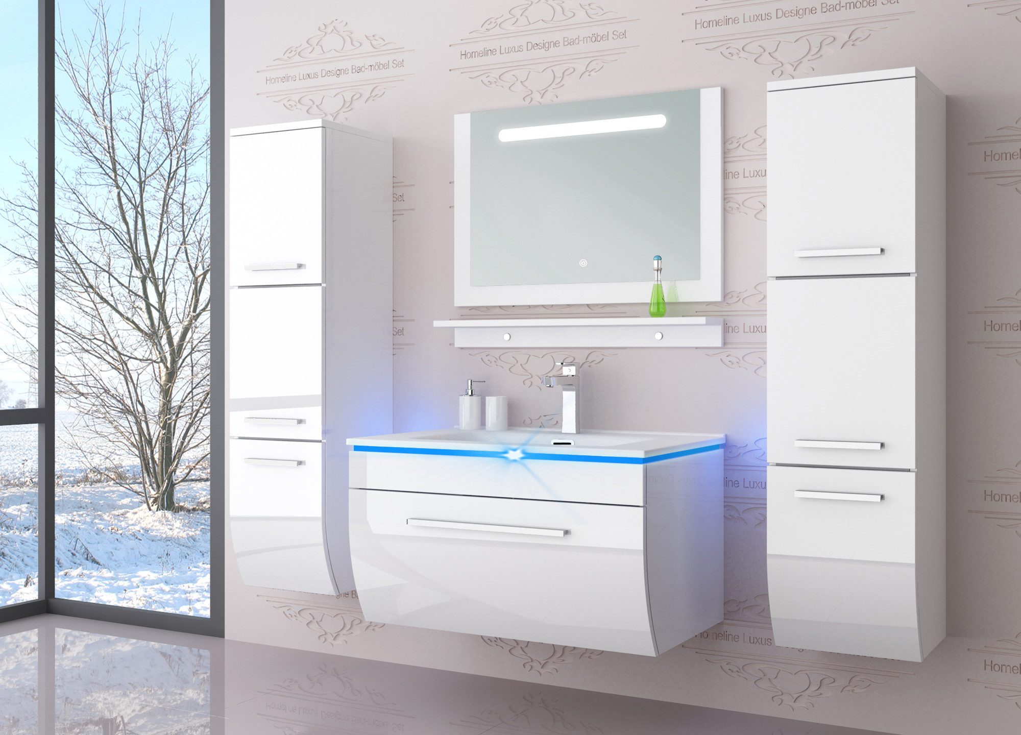 Homeline Badmöbel-Set Danny, (Homeline, 6-St., Badmöbel Set Ganz in Hochglanz Weiß Badezimmermöbel), Hochglanz Lackiert