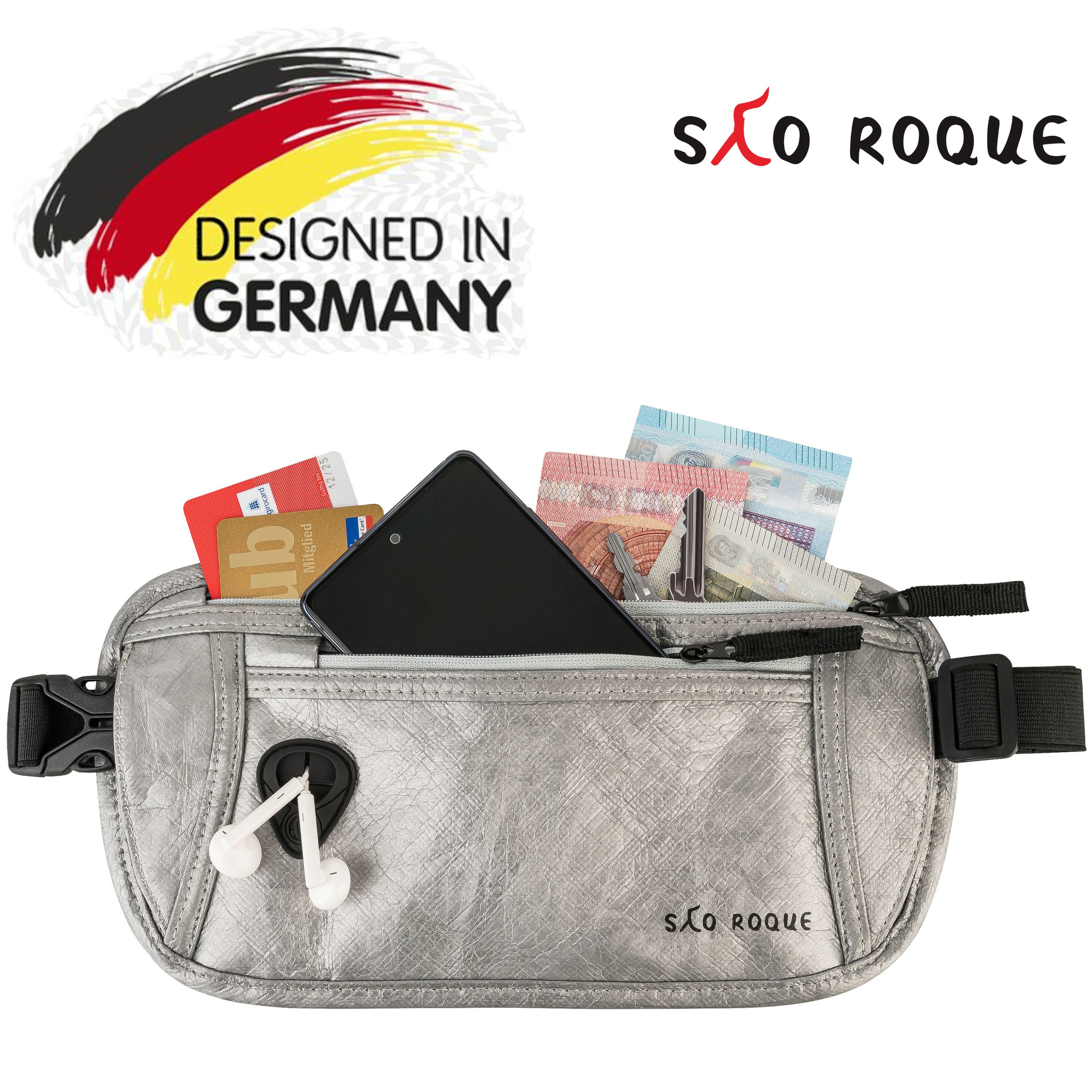 SAO ROQUE Bauchtasche Flache Damen Herren Bauchtasche, Diebstahlsicher RFID Schutz, Vegan, ultraflach, schweiß- und wasserfest, ultraleicht