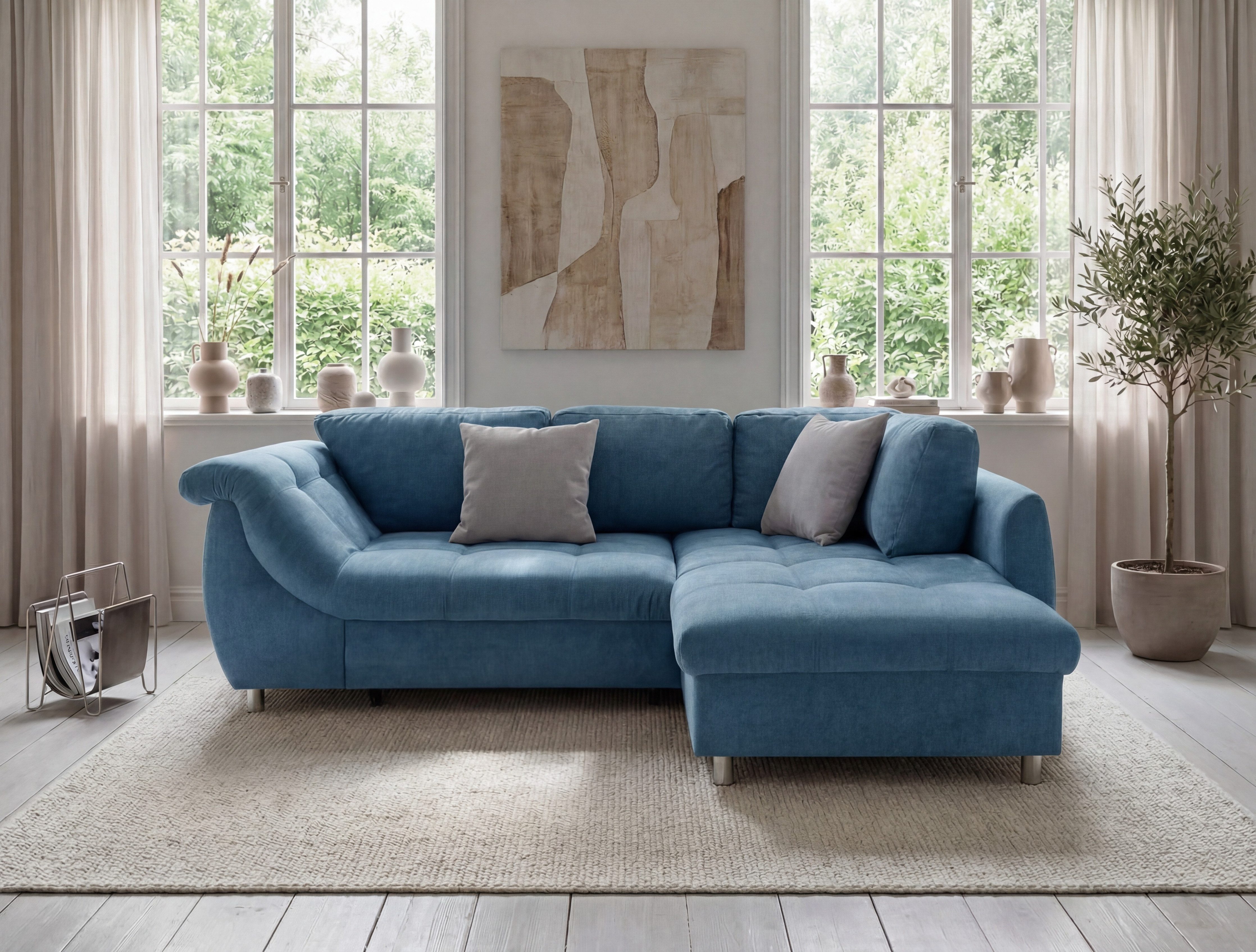 luma-home Ecksofa 17107, mit Bettfunktion B250/T190/H84 cm, Liegefläche 179x190 cm, Ottomane rechts, Wellenunterfederung, Mikrofaser Blau