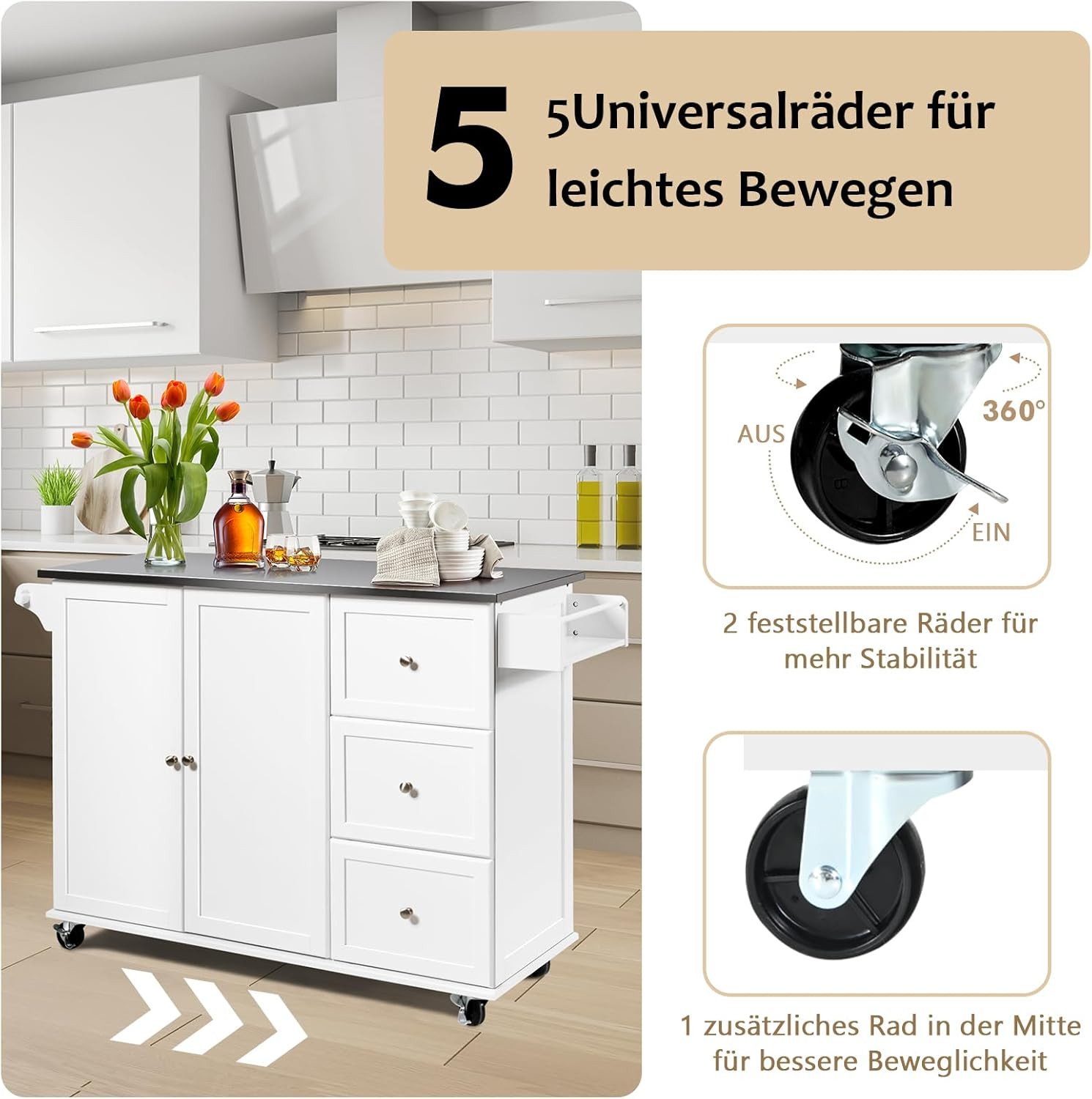 KOMFOTTEU Küchenwagen Kücheninsel, mit Arbeitsplatte & Handtuchhalter, 135 x 45,5 x 91,5 cm