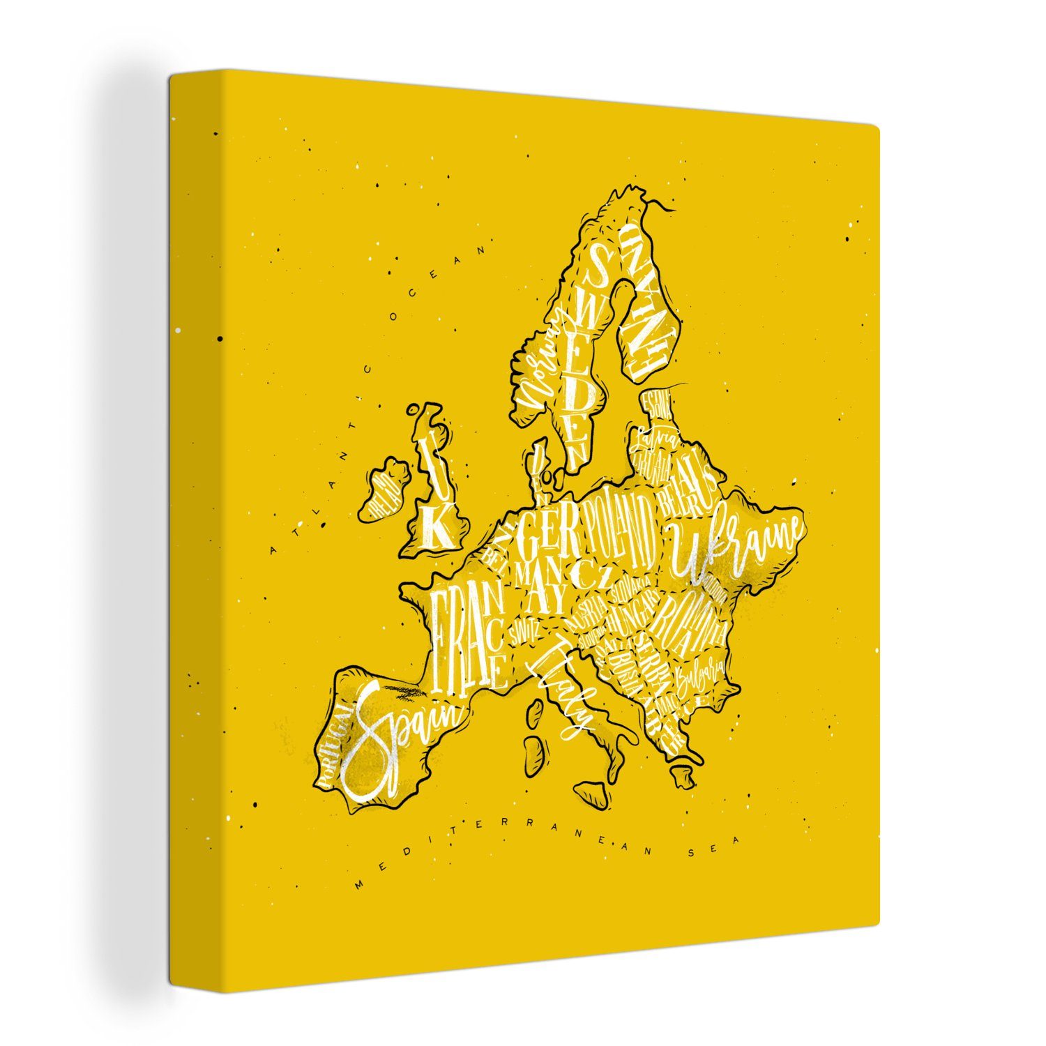 OneMillionCanvasses® Leinwandbild Karte - Europa - Gelb - Weiß, (1 St), Leinwand Bilder für Wohnzimmer Schlafzimmer