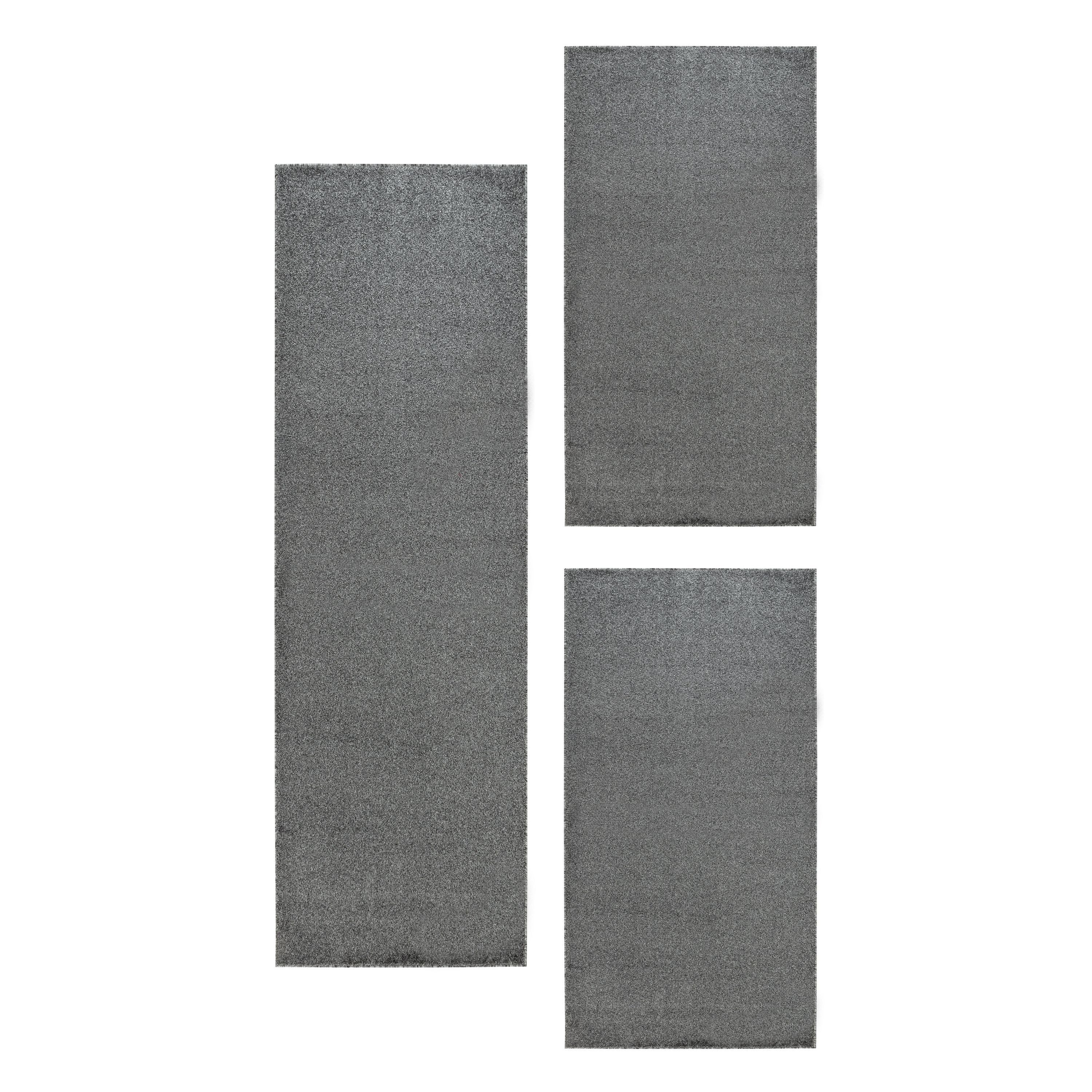 Teppium Teppich Unicolor - Einfarbig, Rechteckig, Höhe: 11 mm, Schlafzimmer Teppich Bettumrandung Läufer Set 3 teilig Grau