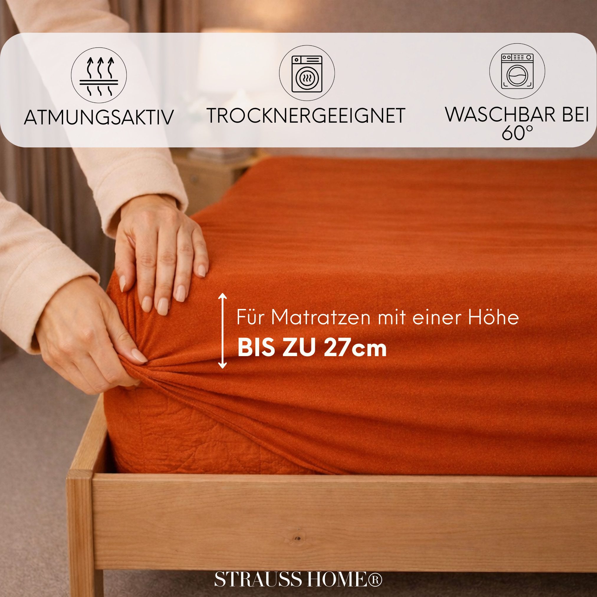 Strauss Home Spannbettlaken Premium 160 g/m² Gekämmte Baumwolle Jersey in Hotelqualität, Gummizug: Rundumgummi, OEKO-TEX®-zertifiziert - Hotelqualität – Formstabil & Langlebig