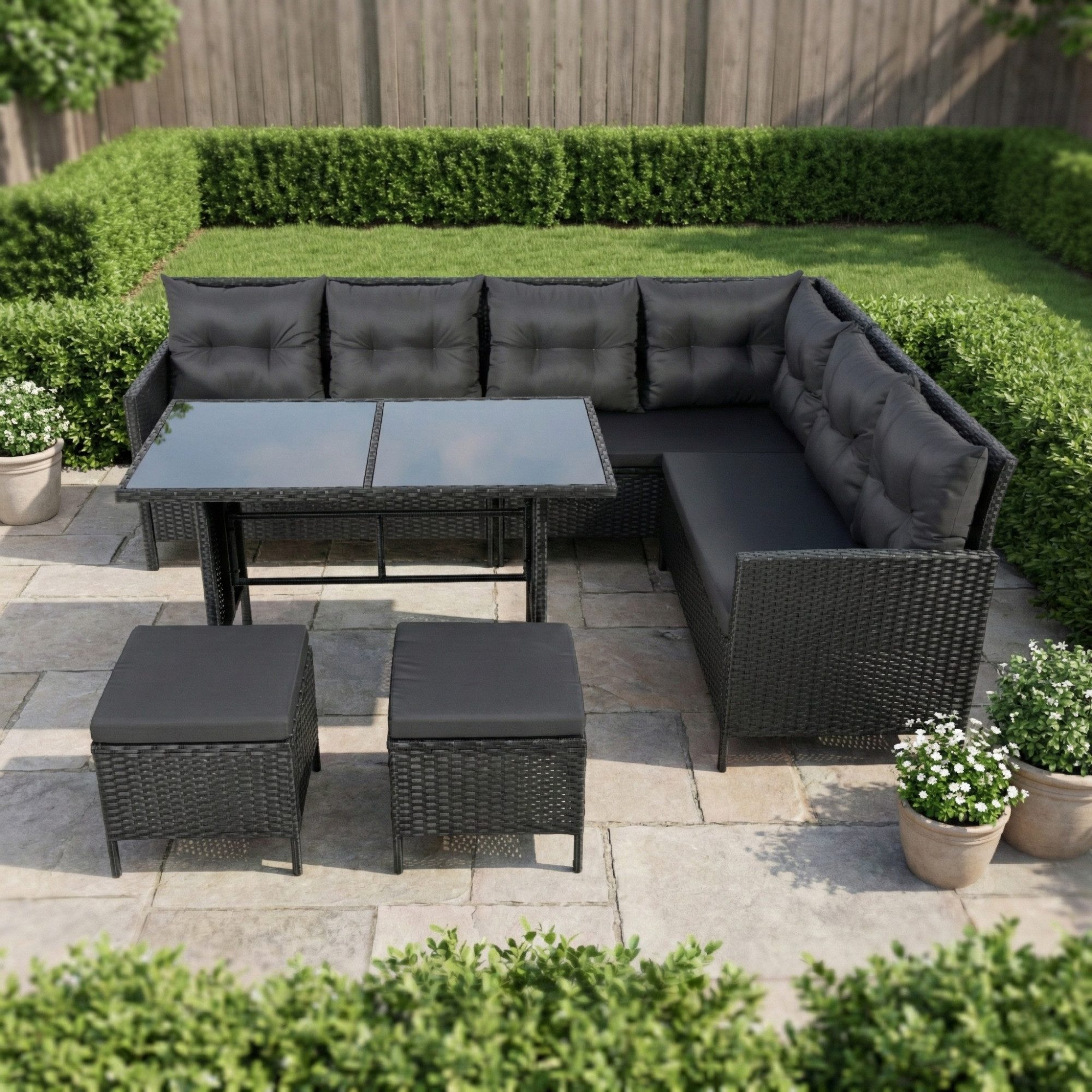 Home Collective Gartenlounge-Set 7-Sitzer mit Ecksofa Outdoor Möbel Gartenmöbel Polyrattan Outdoormöbel, (220x170x79 cm (BxTxH), gemütliche Polster in schwarz oder beige), inkl. Esstisch mit gehärteter Glasplatte und zwei Hocker, schwarz