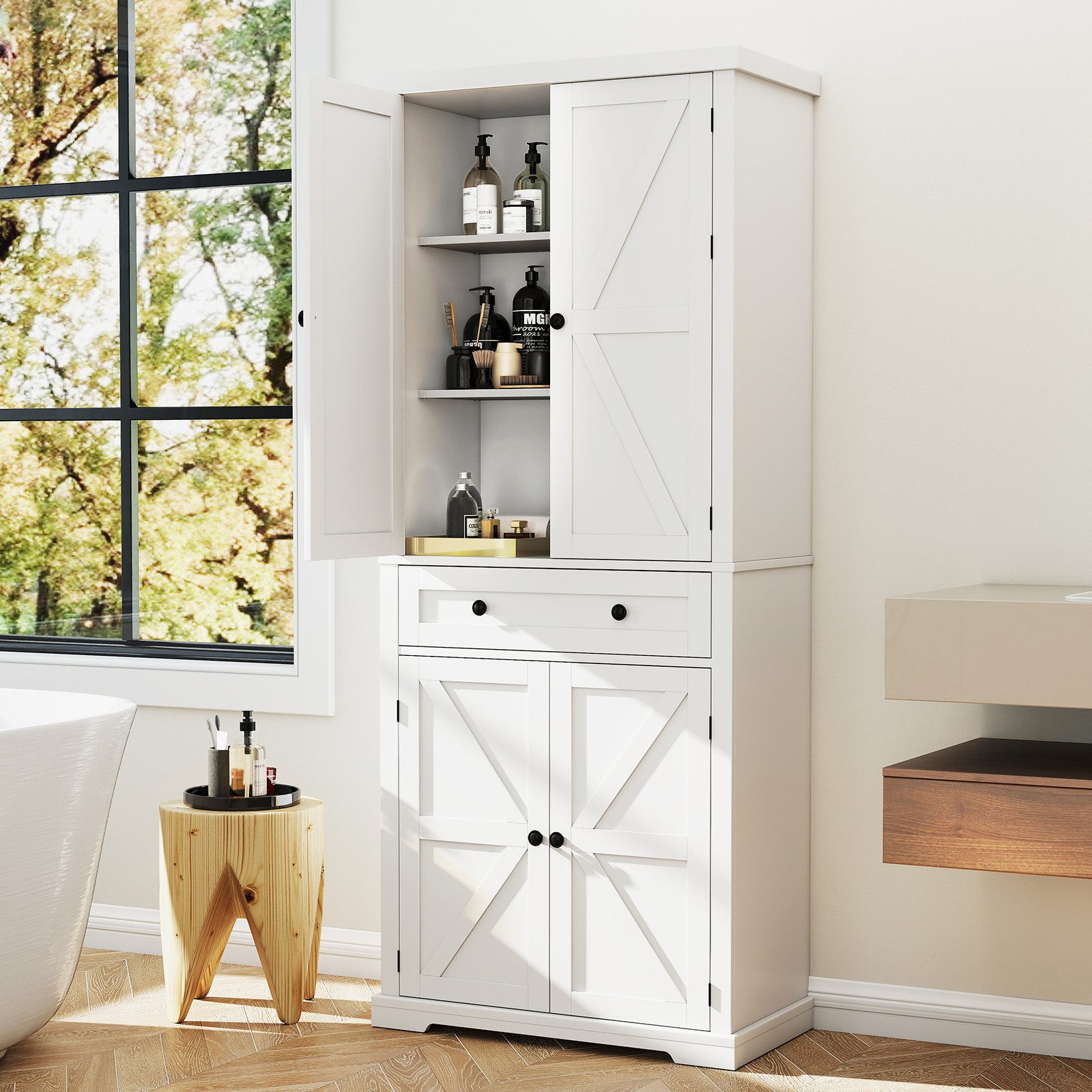 COSTWAY Vorratsschrank Küchenbuffet Hochschrank, mit Schiebetabletts, 184cm