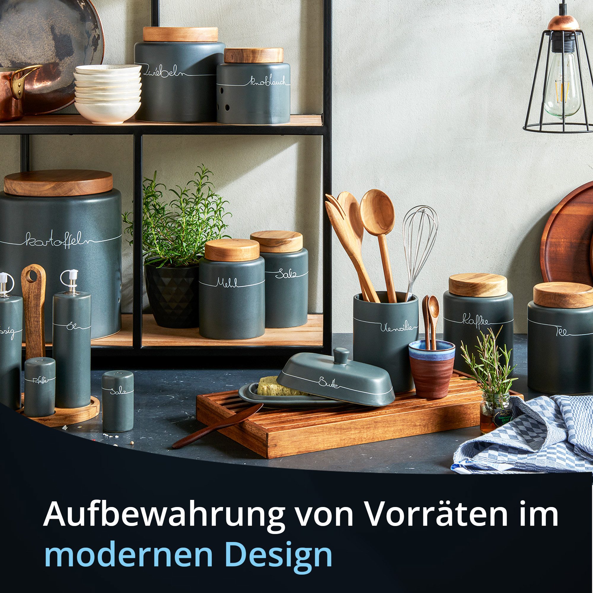 KHG Vorratsdose für Salz aus Steinzeug mit Akazienholz‑Deckel – luftdicht & dekorativ, Steingut, Luftdichte Aufbewahrungsdose für Salz, schützt Aroma und hält trocken