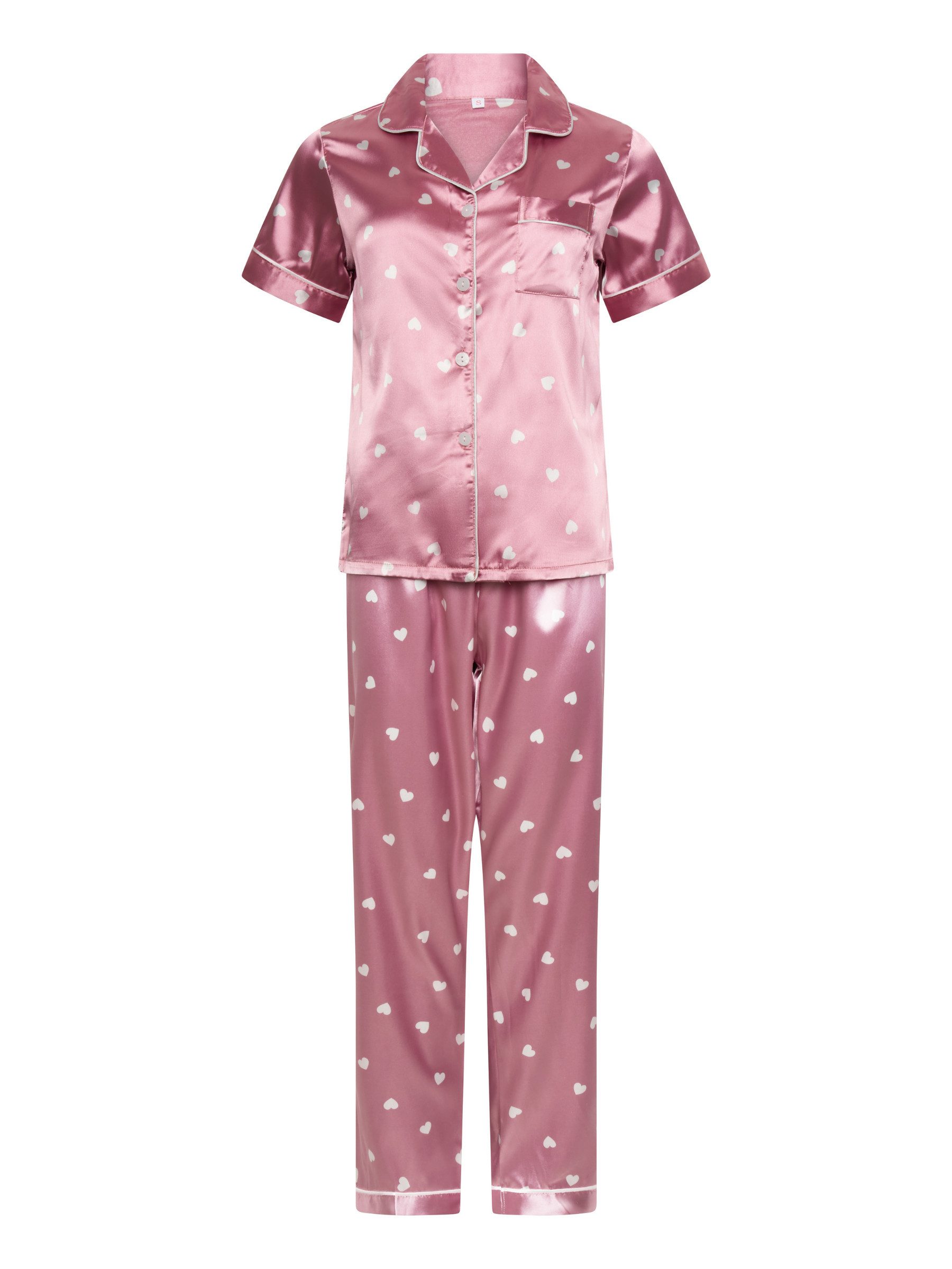 Elegant Love Schlafanzug Satin Pyjama-Set Damen – Nachtwäsche mit Herzmuste günstig online kaufen