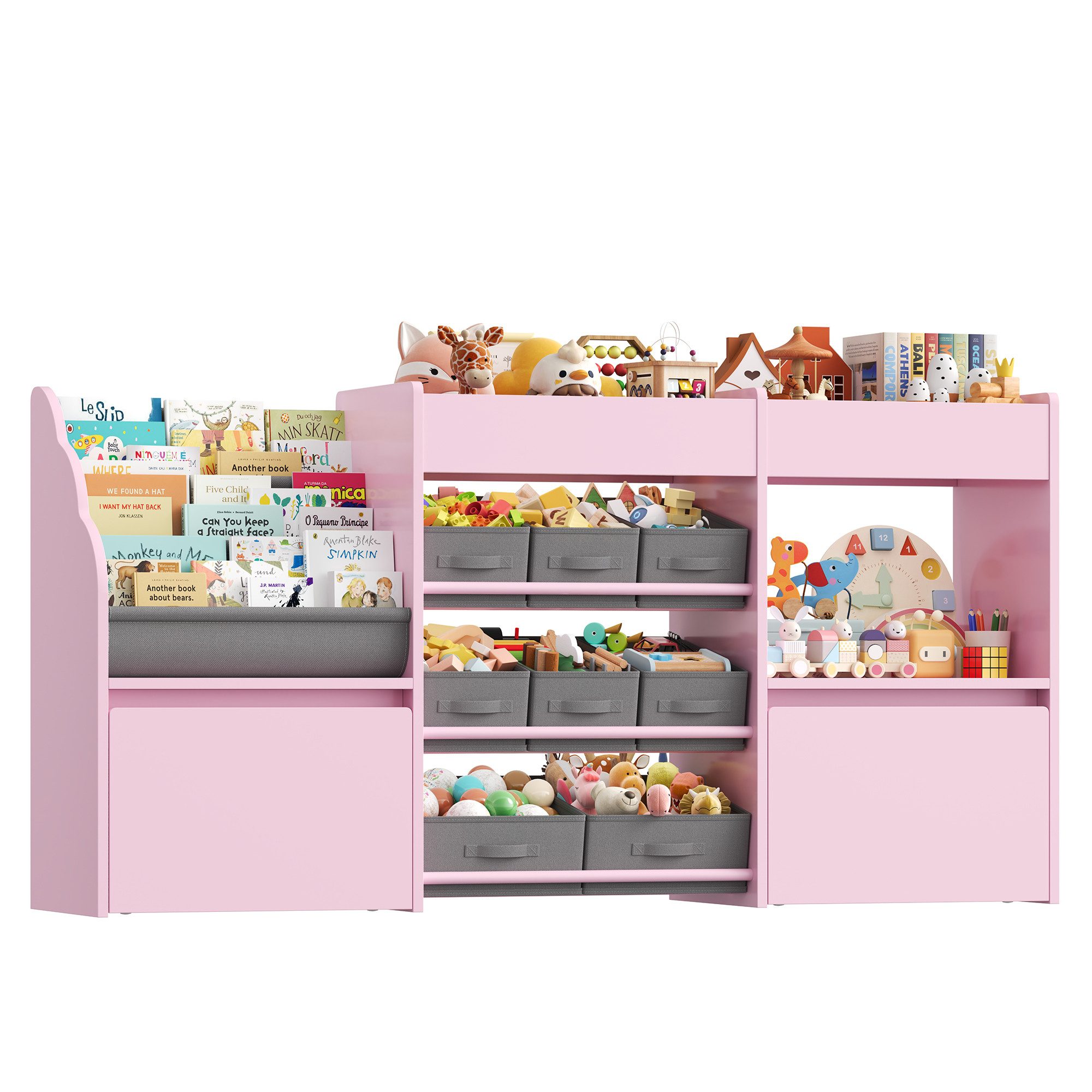 HOMECHO Spielzeugtruhe Kinderregal mit 2 Spielzeugkiste, Kinderregal mit 8 Boxen auf Rollen Weiß, 158x80x29.7cm