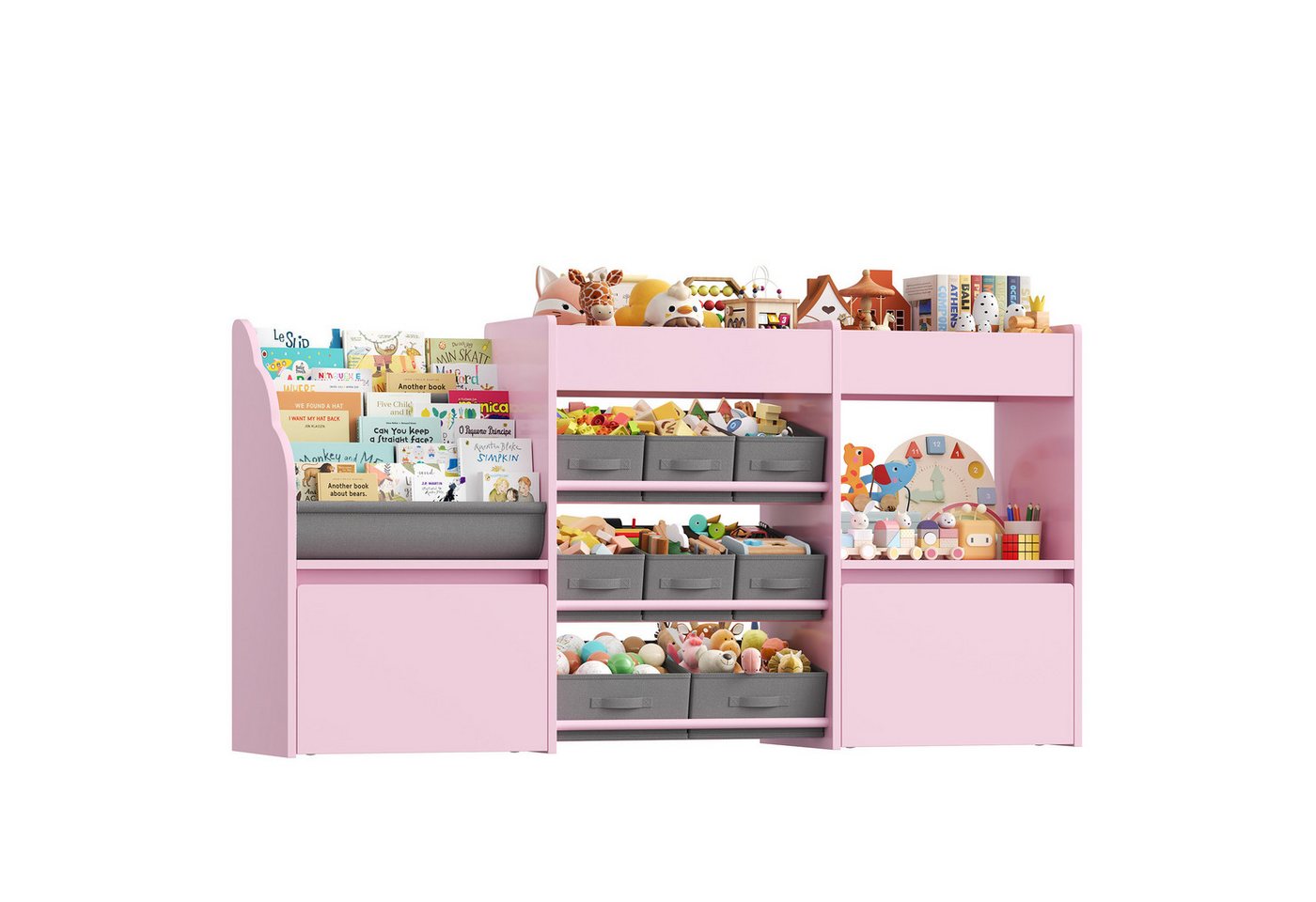HOMECHO Spielzeugtruhe Kinderregal mit 2 Spielzeugkiste, Kinderregal mit 8 Boxen auf Rollen Weiß, 158x80x29.7cm