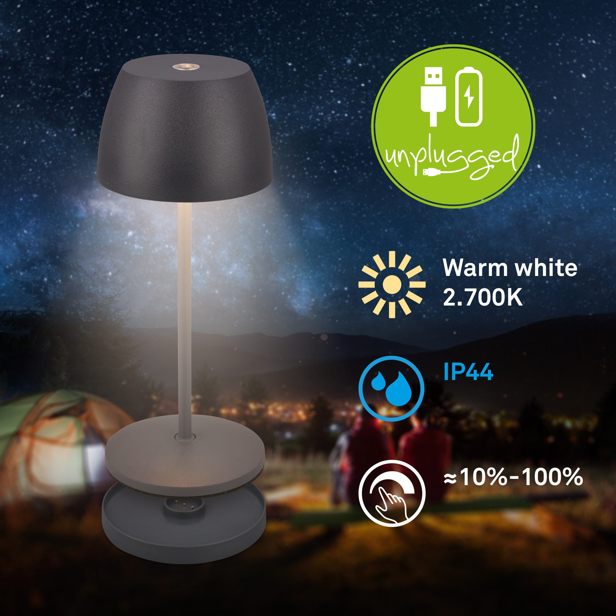 Briloner Leuchten Tischleuchte Akku Tischlampe dimmbar kabellos Außen/Innen, Ladestation, LED fest integriert, 2700K - Extra - Warmweiß, Tischlampe kabellos 20,5x8 cm Anthrazit 1,5W Wohnzimmer Schlafzimmer