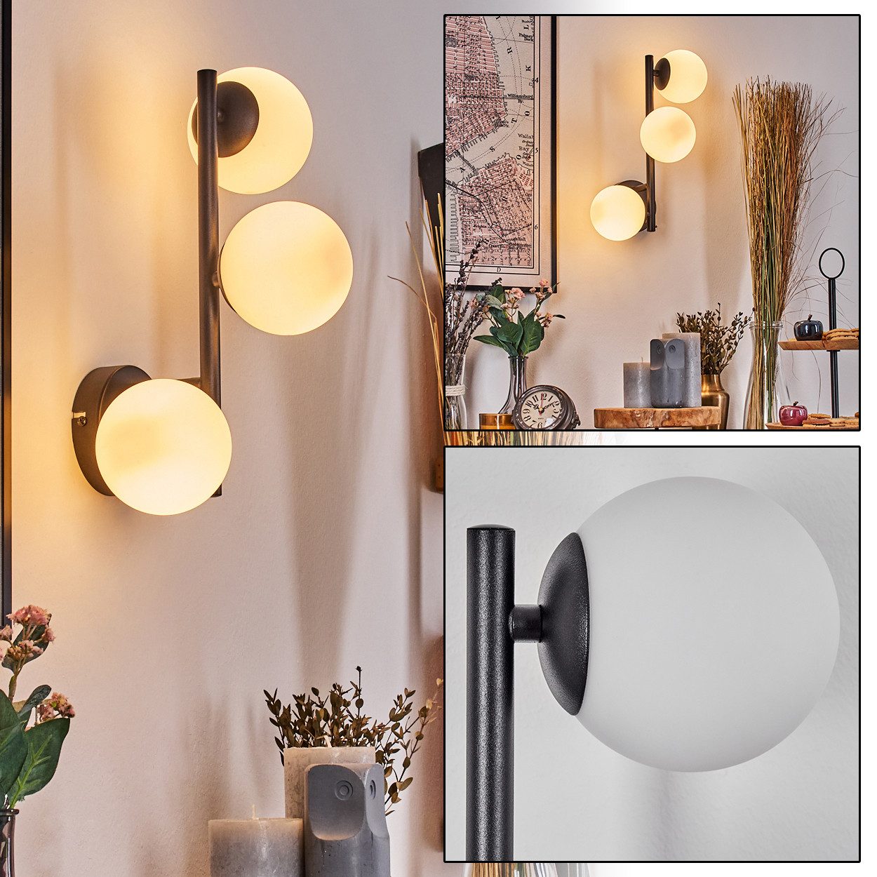 hofstein Wandleuchte Wandlampe aus Metall/Glas in Schwarz/Weiß/Milchglas, ohne Leuchtmittel, moderne Wandleuchte im Retro/Vintage-Desig (Schirme 10 cm), G9