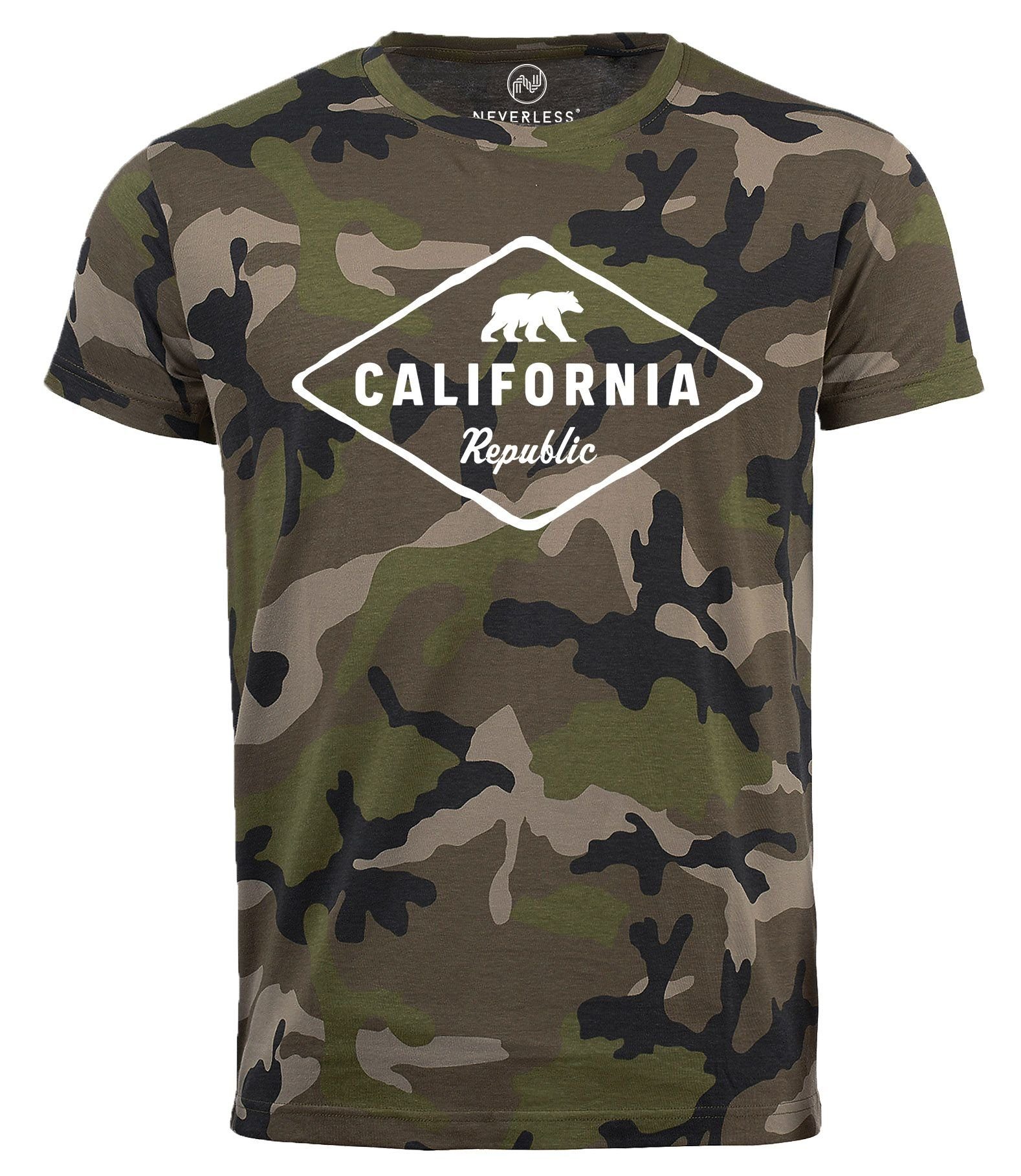 Print Badge Herren State USA Bär Camo-Shirt Bear California Neverless Republic Camouflage Sunshine mit T-Shirt Tarnmuster Print-Shirt Neverless®