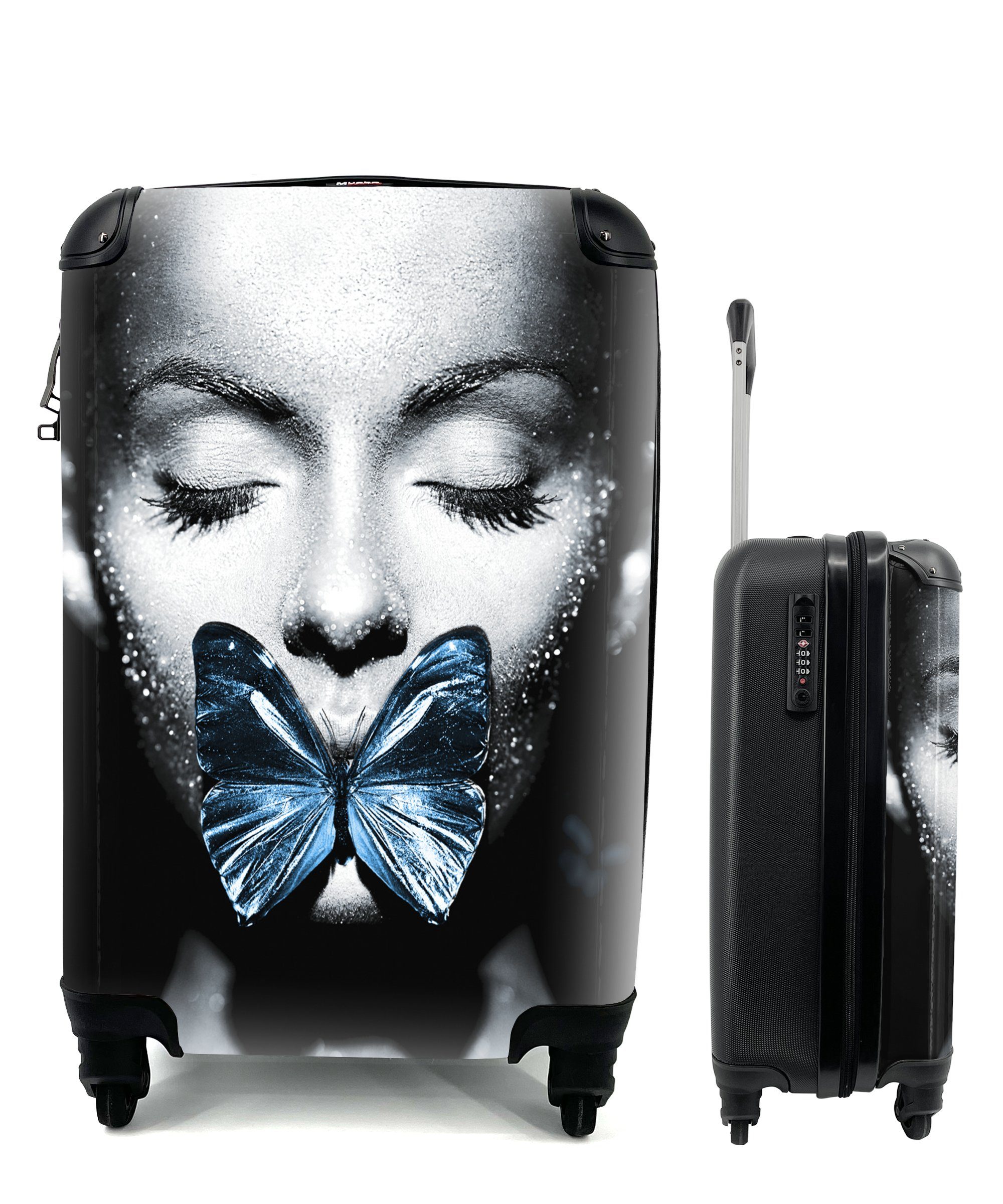 MuchoWow Handgepäckkoffer Frau - Schmetterling - Blau, 4 Rollen, Reisetasche mit rollen, Handgepäck für Ferien, Trolley, Reisekoffer