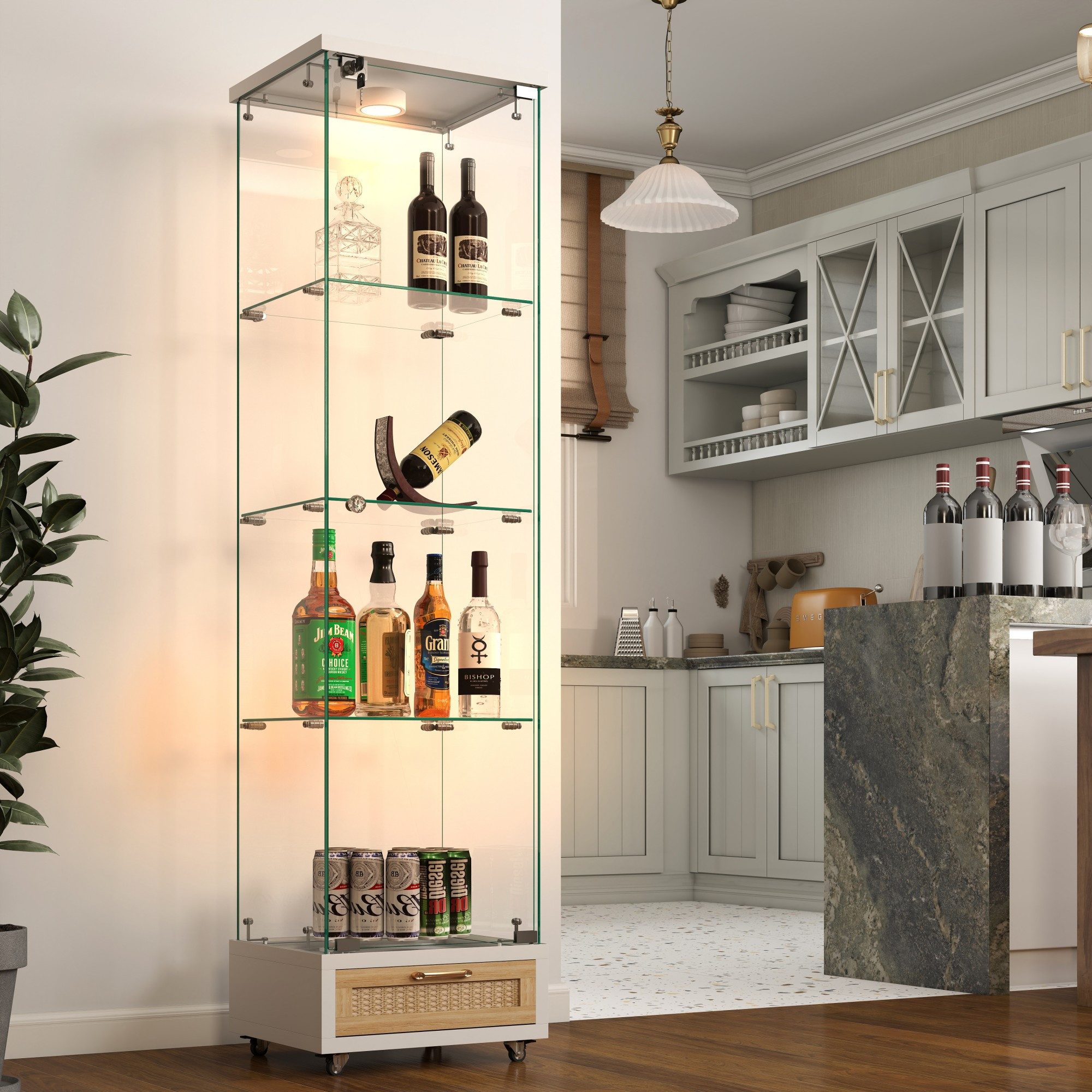 HAUSS SPOLE Vitrine mit LED&Schubladen,Highboard Bücherregal mit vier Einlegeböden,weiß (Glasvitrine aus gehärtetem Glas und MDF, Eintüriger Schrank mit vier Einlegeböden) für Küche, Esszimmer, Schlafzimmer