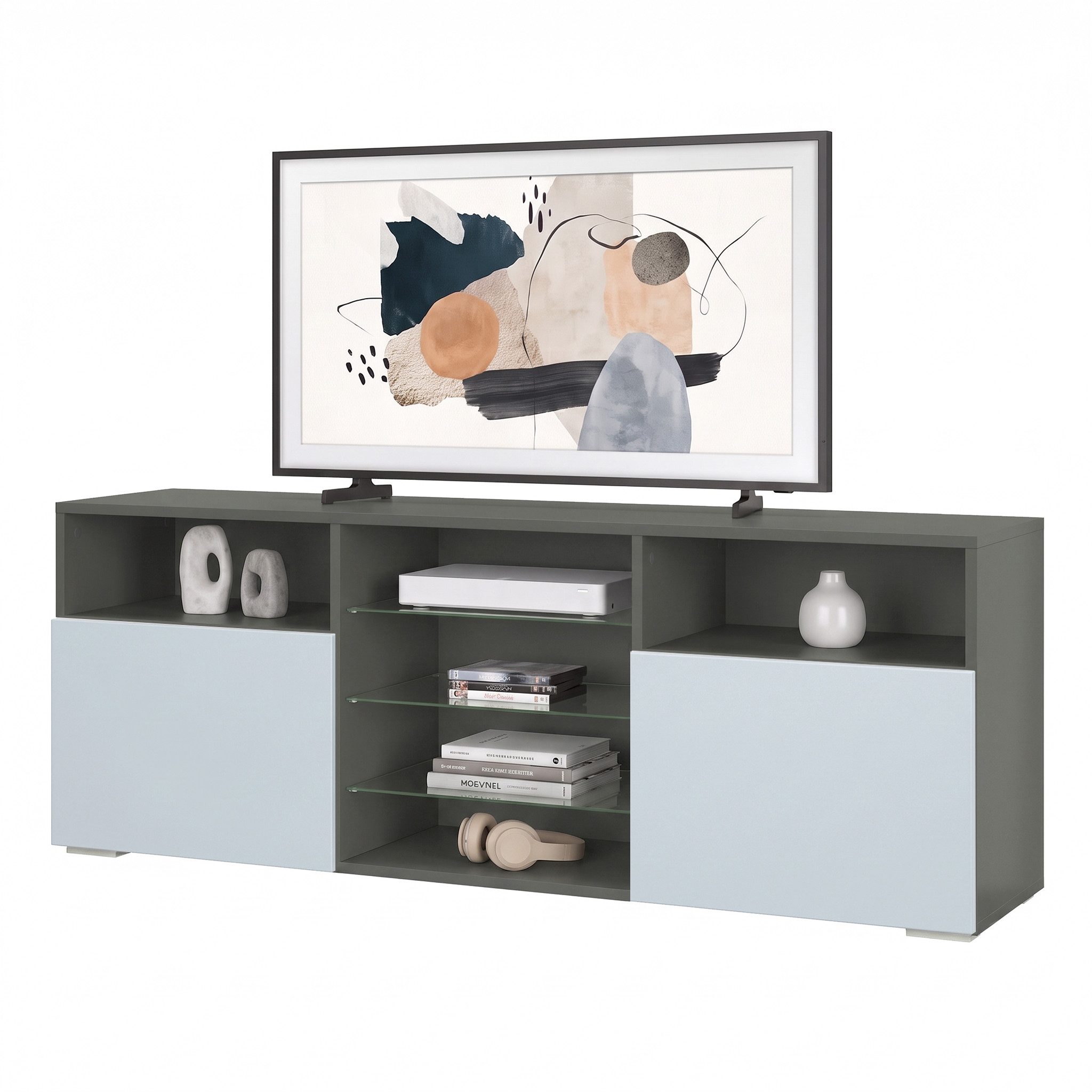 Vladon Lowboard Granada (TV-Kommode, mit 2 Türen und 6 offenen Fächern), Anthrazit matt, Denim matt