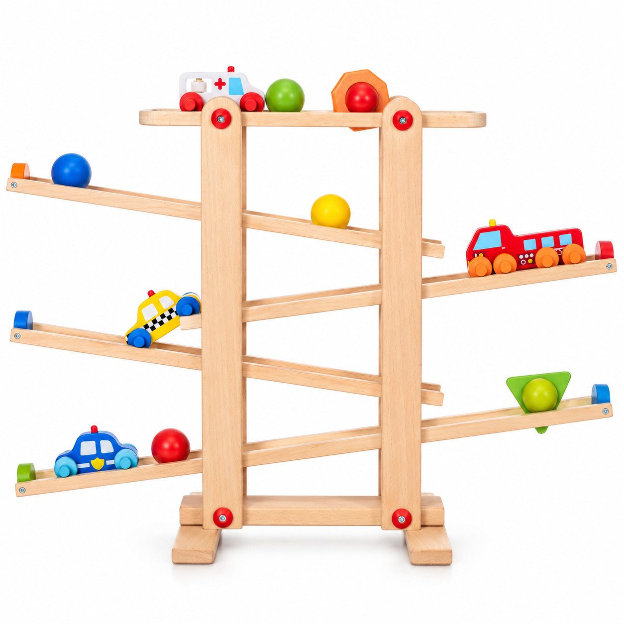 LCP Kids Kugelbahn CARS aus massiven Buchenholz für Kinder ab 1 Jahr 10 teilig, (XL Komplettset, mit 4 Holzfahrzeugen, 3 Kugeln und 2 Rollelementen), massives Buchenholz, vormontiert, ab 1 Jahr