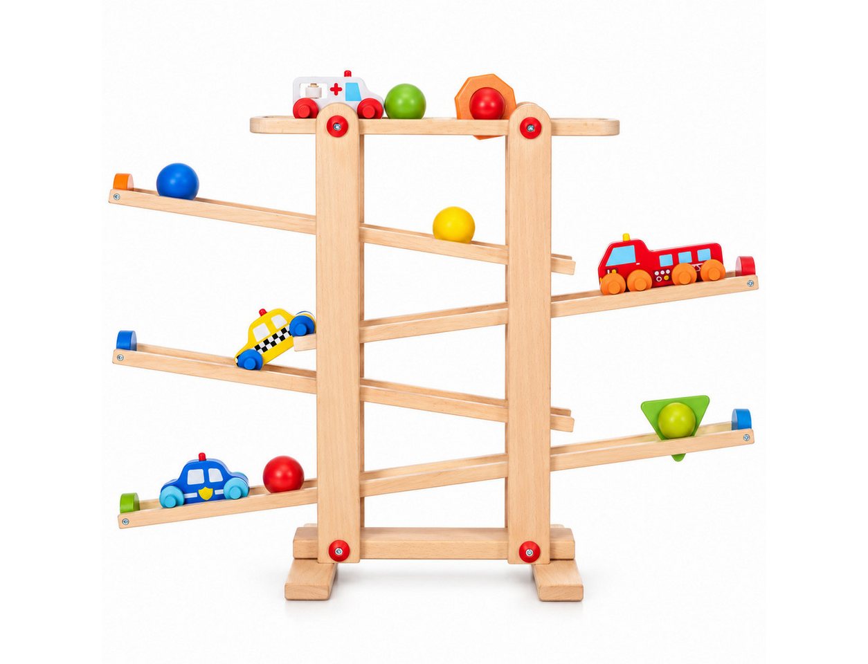 LCP Kids Kugelbahn CARS aus massiven Buchenholz für Kinder ab 1 Jahr 10 teilig, (XL Komplettset, mit 4 Holzfahrzeugen, 3 Kugeln und 2 …