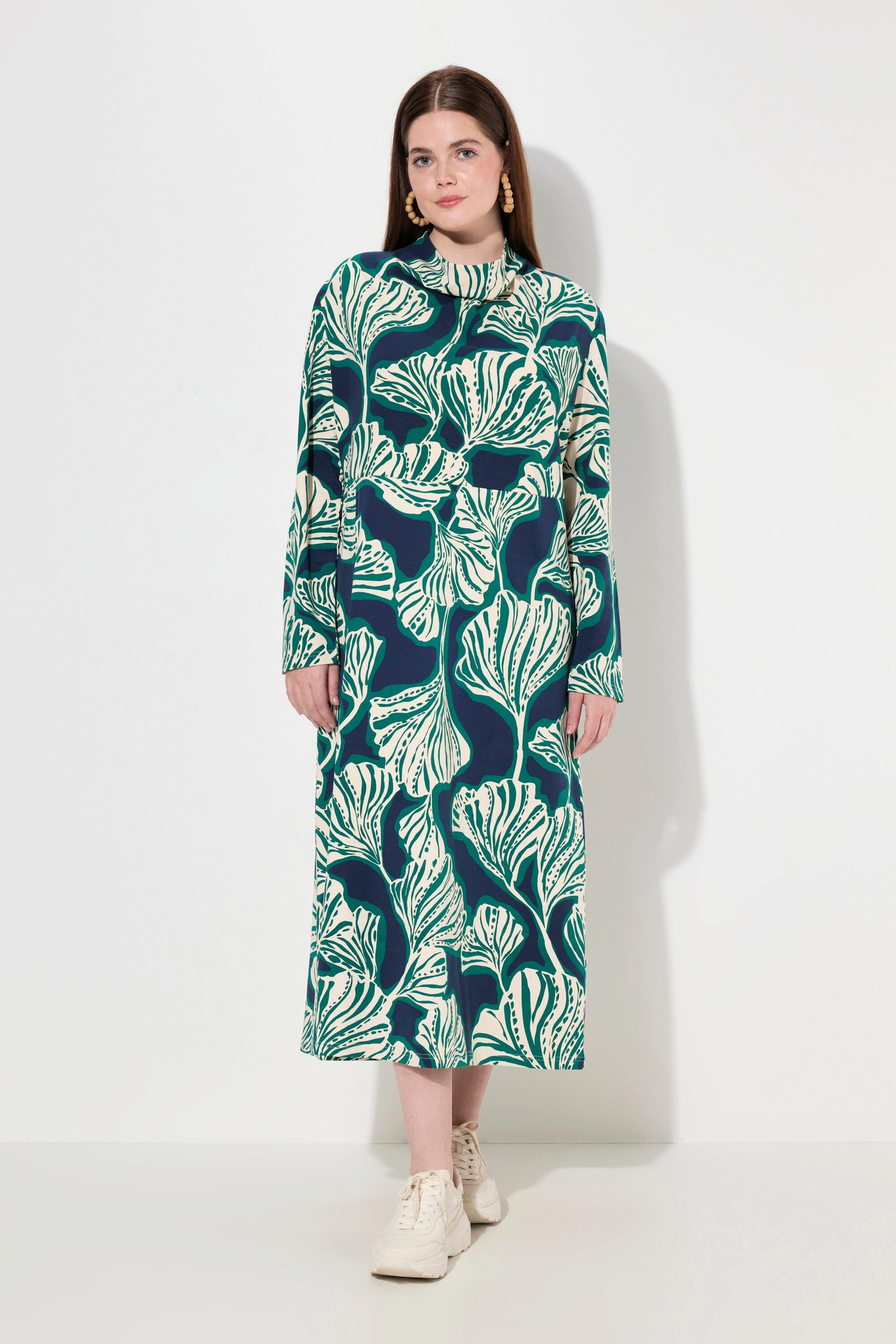 Midikleid Maxi-Sweatkleid Blätter Wasserfall-Ausschnitt