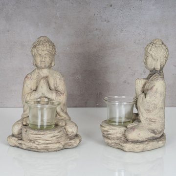 Levandeo® Teelichthalter, 2er Set Teelichthalter Buddha Figur Keramik je 19cm hoch Grau