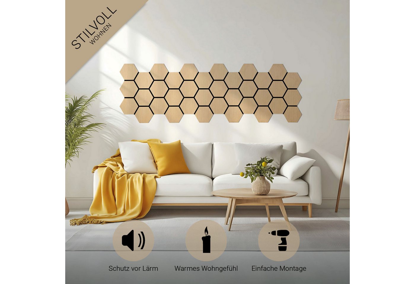Thumbnail - Homestyle4u Wandpaneel je 76x62 cm Hexagon 4er/8er Akustikpaneele Holz Schallschutz Filz, (Set, 8 Akustikpaneele, 8-tlg)...
