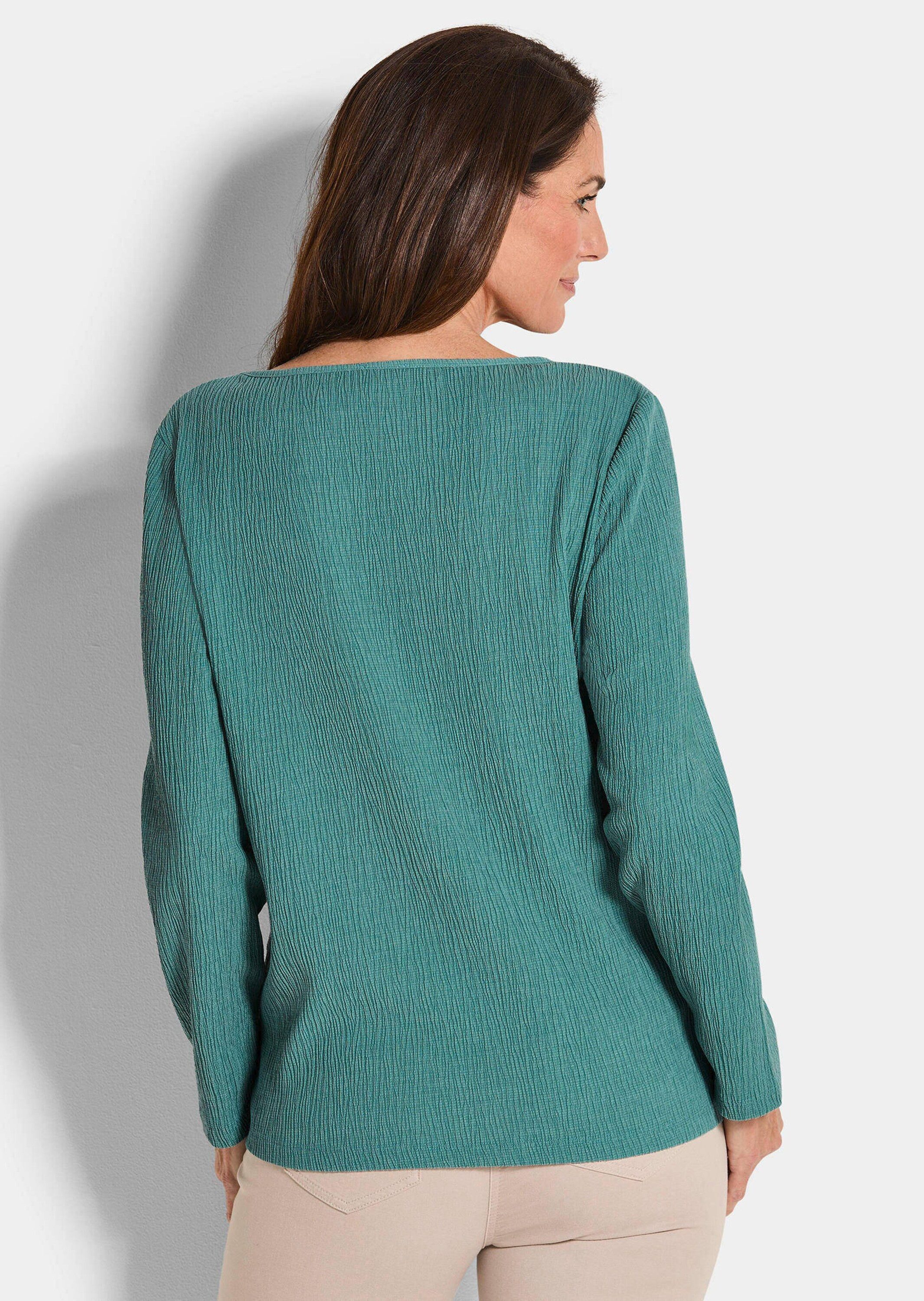 GOLDNER Langarmshirt Langarm Melange Jersey-Oberteil Hüftumspielendes Shirt in Krepp-Optik mit U-Boot-Ausschnitt, Langarm