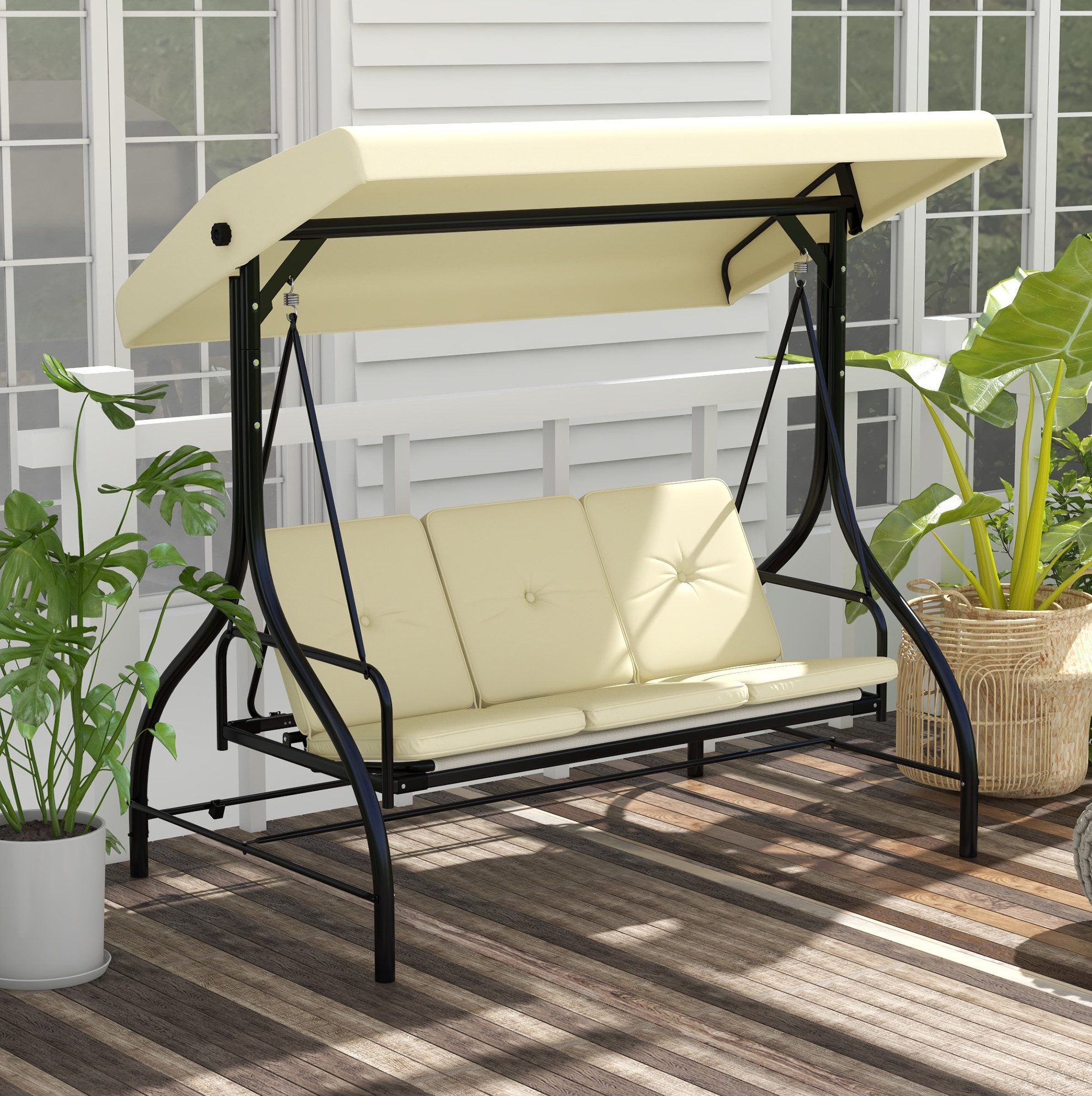 MODFU Hollywoodschaukel 3-Sitzer Liegefunktion 195x117x175 cm, 3-Sitzer, Packung, 1 tlg., Schaukelbank bis 240 kg, Gartenliege für Terrasse & Outdoor Bereich, Gartenschaukel mit Sonnendach Schaukelbank bis 240 kg Garten