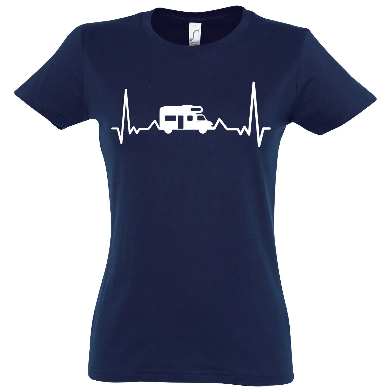 Designz Navyblau lustigem Camping Frontprint mit Damen Youth Shirt T-Shirt Herzschlag Capming