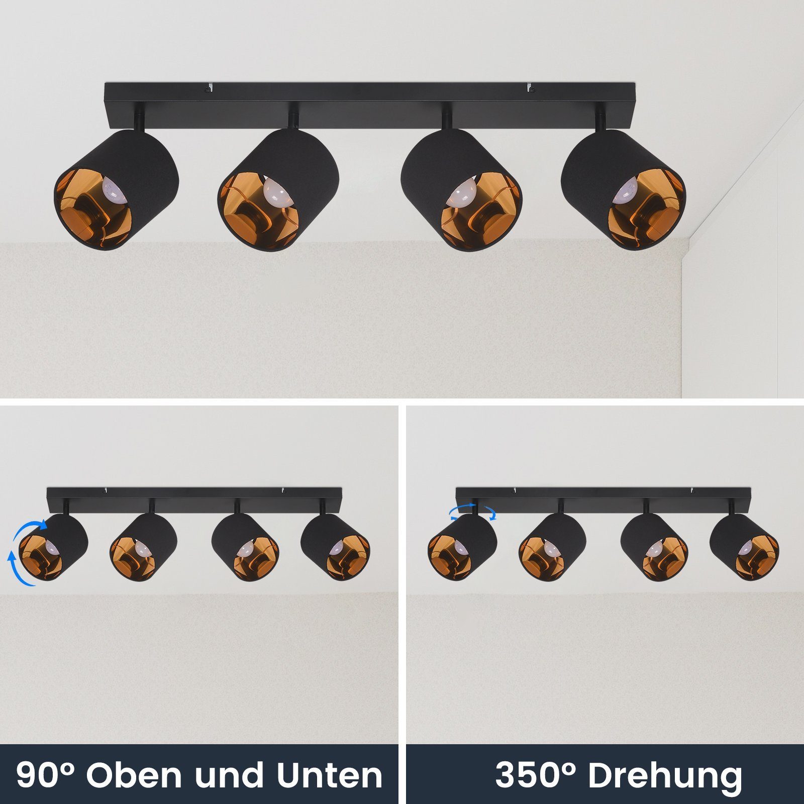 350°, Modern ZMH E14 Leuchtmittel), Stoffschrim Schwarz Schwenkbar Flammig ohne Deckenleuchte Flur(ohne für 4 Leuchtmittel, Deckenstrahler Schlafzimmer MAX.25W