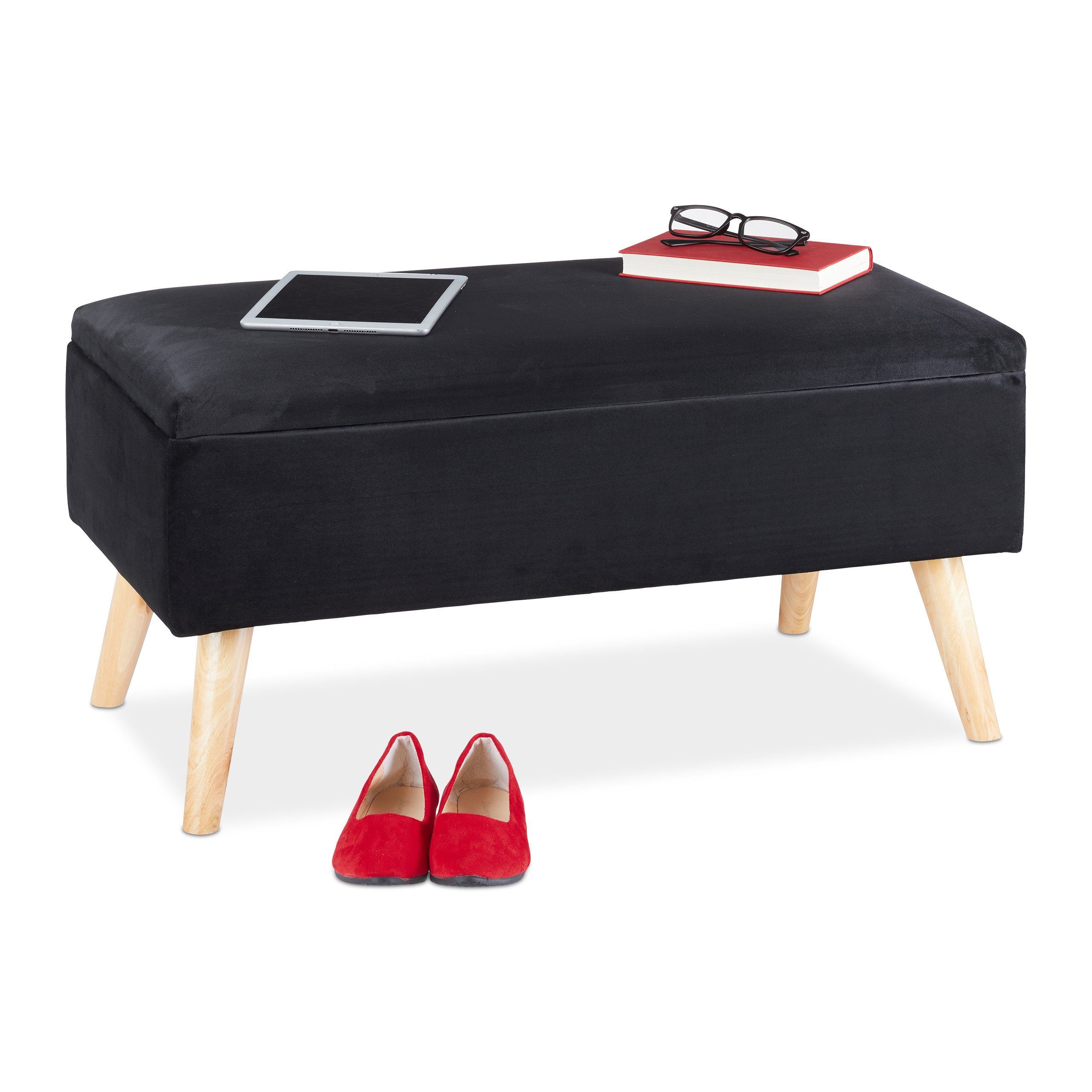 relaxdays Sitzbank Samt Sitzbank mit Stauraum (1-St), schwarz