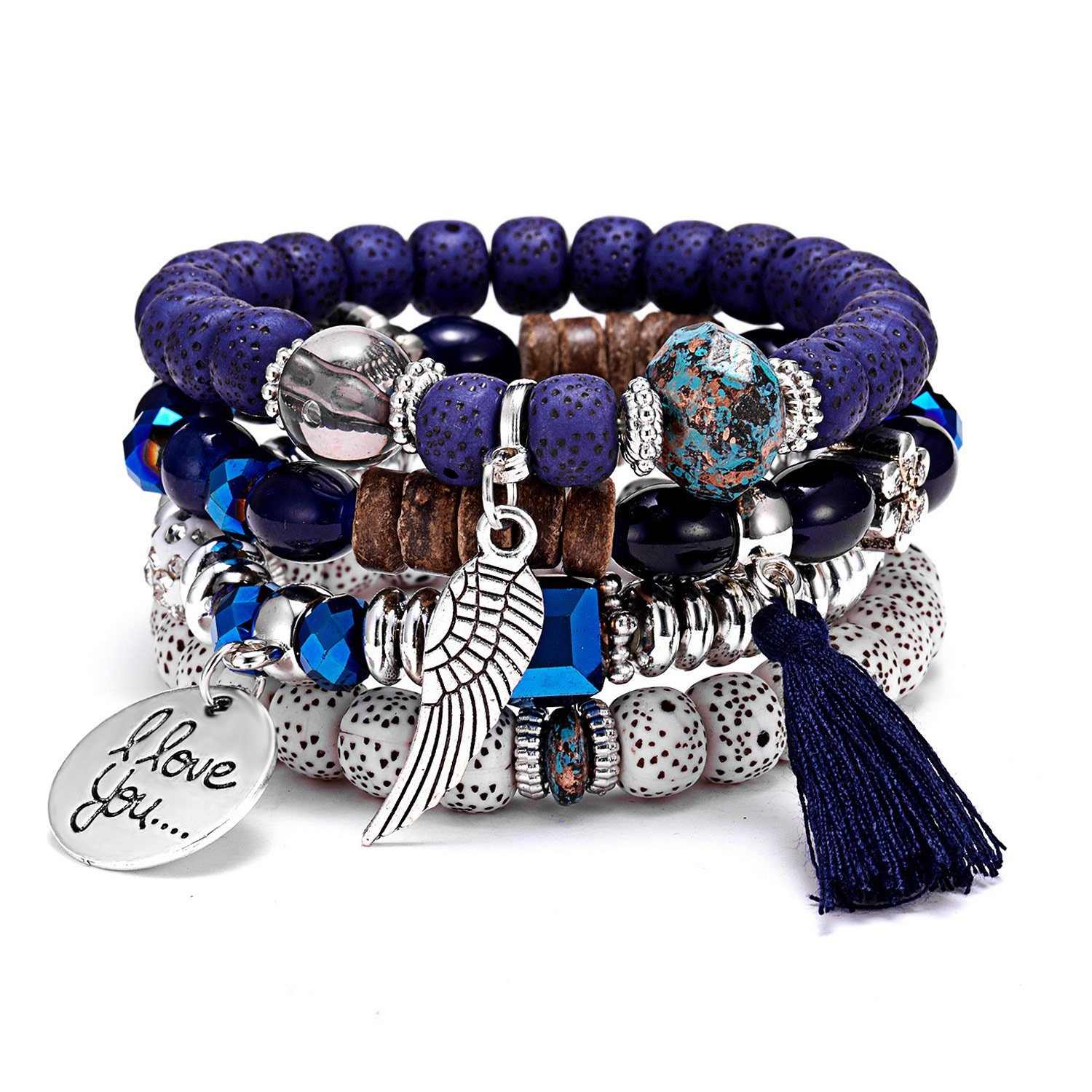 MAGICSHE Armband 4-teiliges Set von Flügel Anhänger Türkis Armbänder, Mehrschichtiges Stretch Quaste Armband, Männer und Frauen Stil Royal Blue