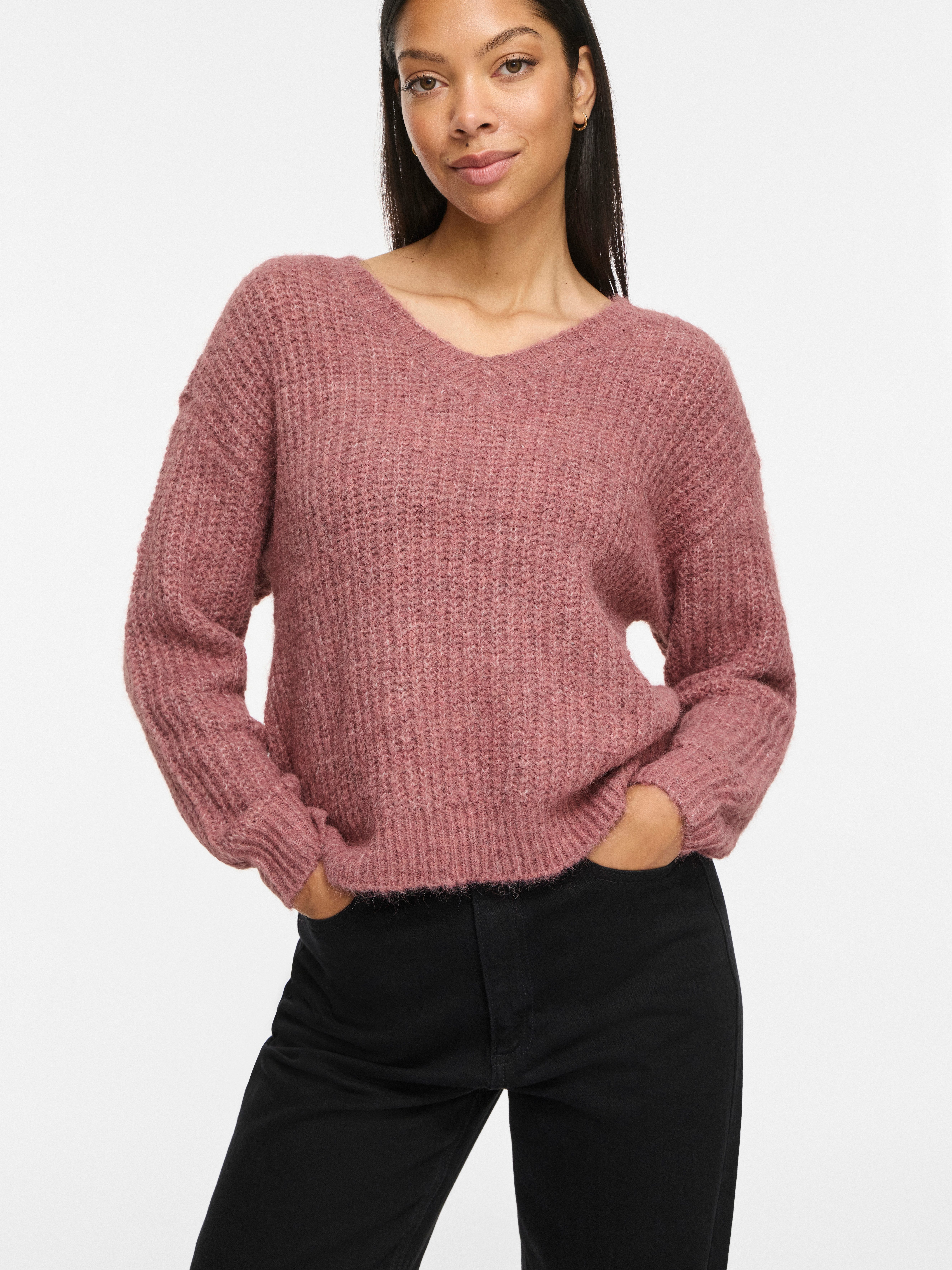 Vila V-Ausschnitt-Pullover VILAMPE V-NECK L/S KNIT TOP-NOOS Materialmix, regular fit – Bild 2 von 5