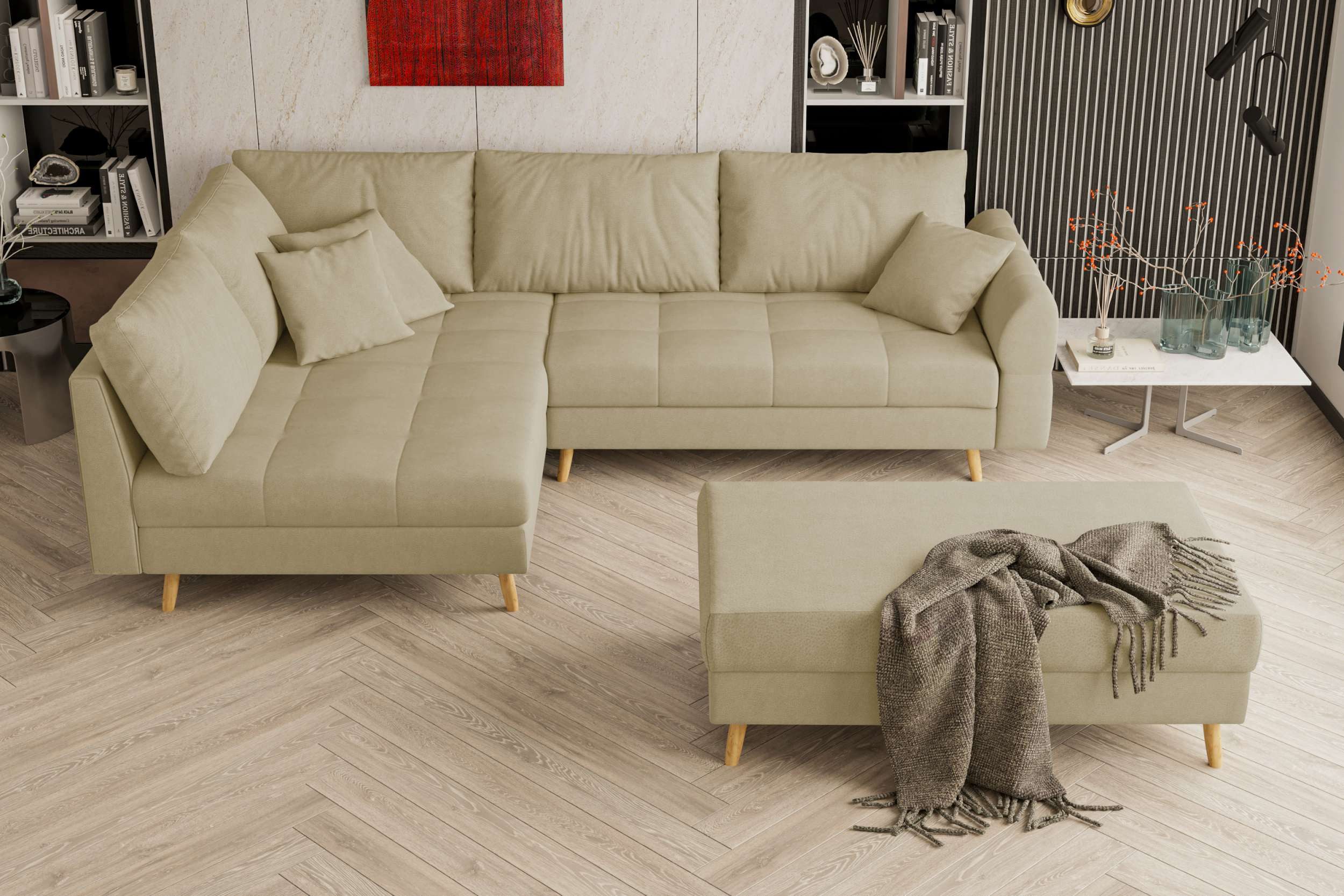 99rooms Ecksofa Bello, Sofa L-Form mit Hocker, links oder rechts bestellbar, mit Hocker, Rückenkissen, Holzfüße