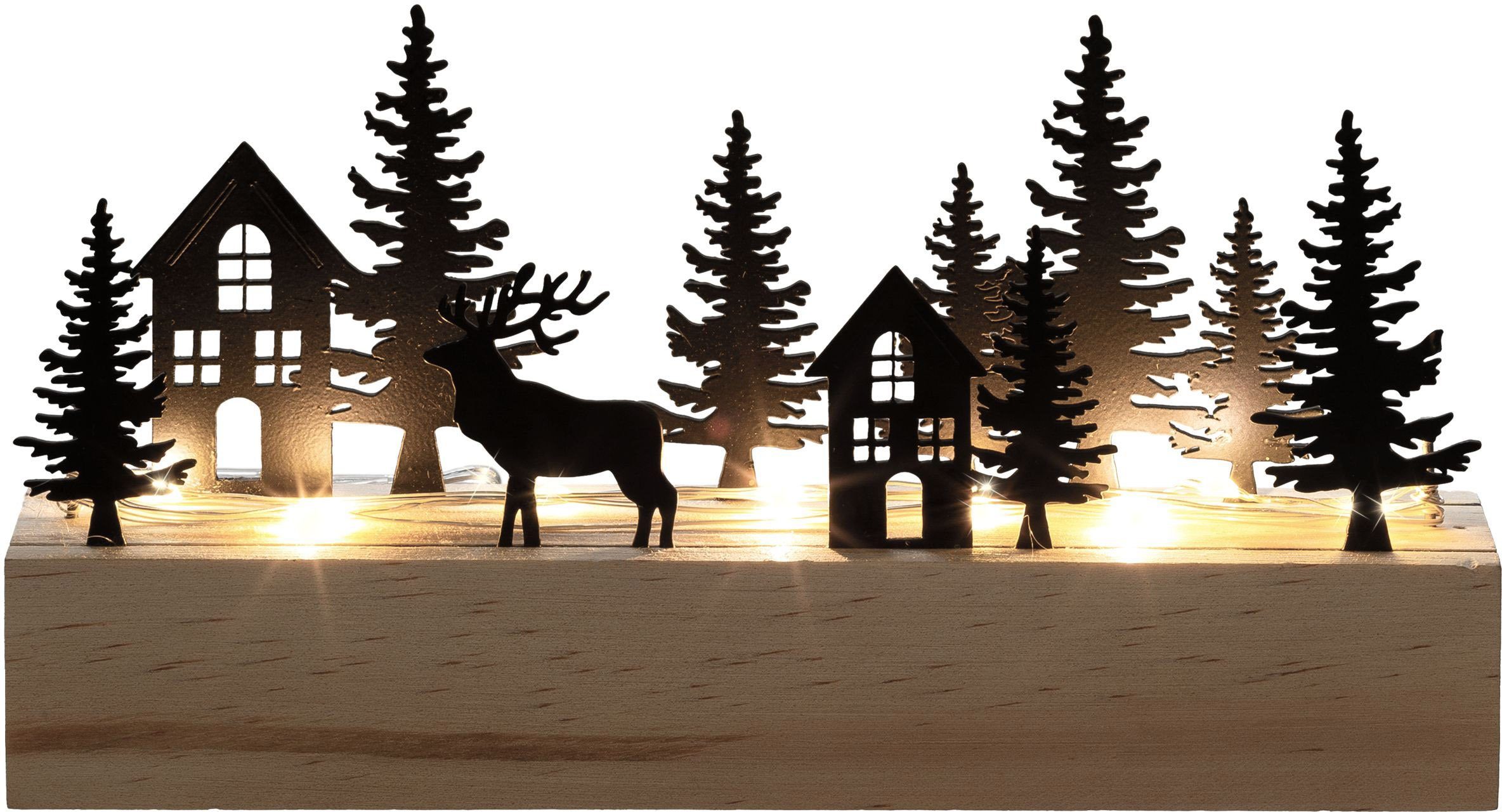 Creativ light Weihnachtsszene Weihnachtsdeko mit LED-Beleuchtung, Landschaft mit Tannen, Häusern und Hirsch