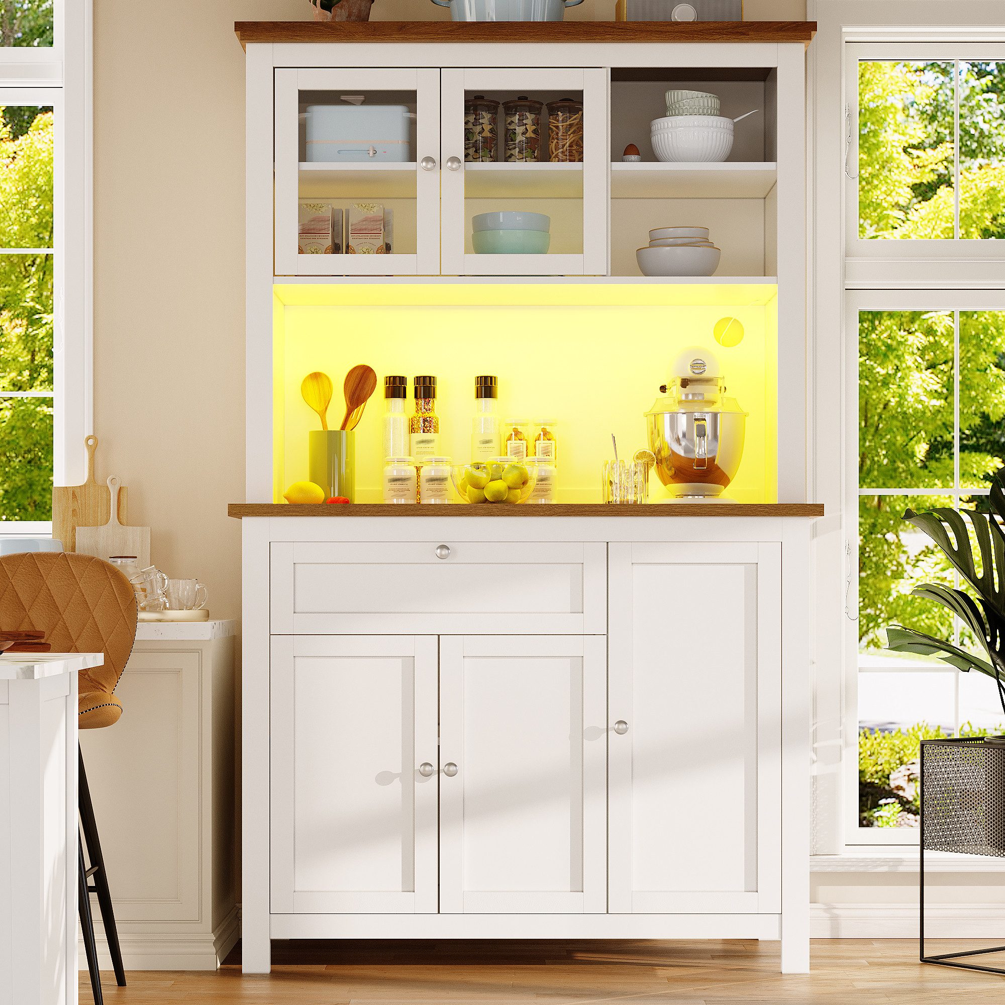 Flieks Küchenbuffet mit LED-Beleuchtung und verstellbaren Ablagen (1-St., B105/T40/H180 cm) Hochschrank Küchenschrank Geschirrschrank mit Schubladen und Glastür – Bild 3 von 5
