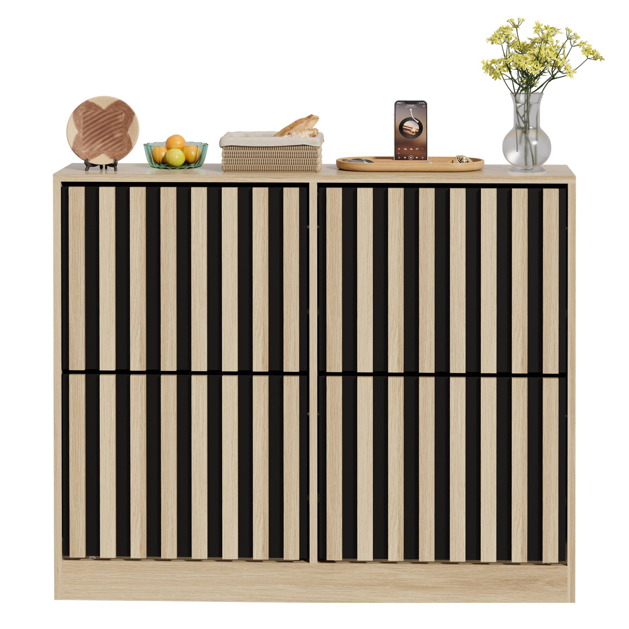 UEV Schuhschrank mit 4 Klappen, Schuhregal Schmal,102x24x86,5cm Schuhkipper Holz (Packung, Schuhkommode mit Kippschutz) verstellbare & herausnehmbare Trennwände für verschiedene Schuhtypen