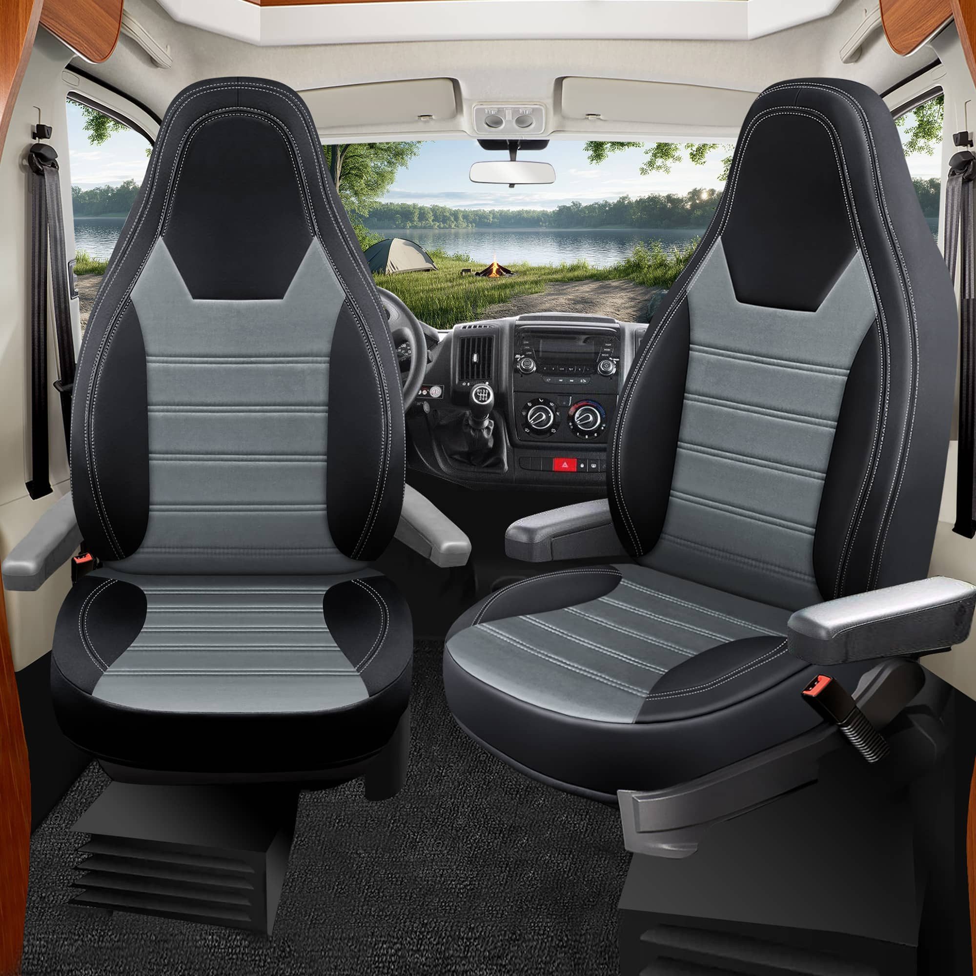 BREMER SITZBEZÜGE Autositzbezug für Hymer B584 B 524 544 B644 E 690 (HW1), Set, 2-tlg., Schonbezüge Sitzbezüge Fahrer und Beifahrer, in Schwarz/Dunkel Grau