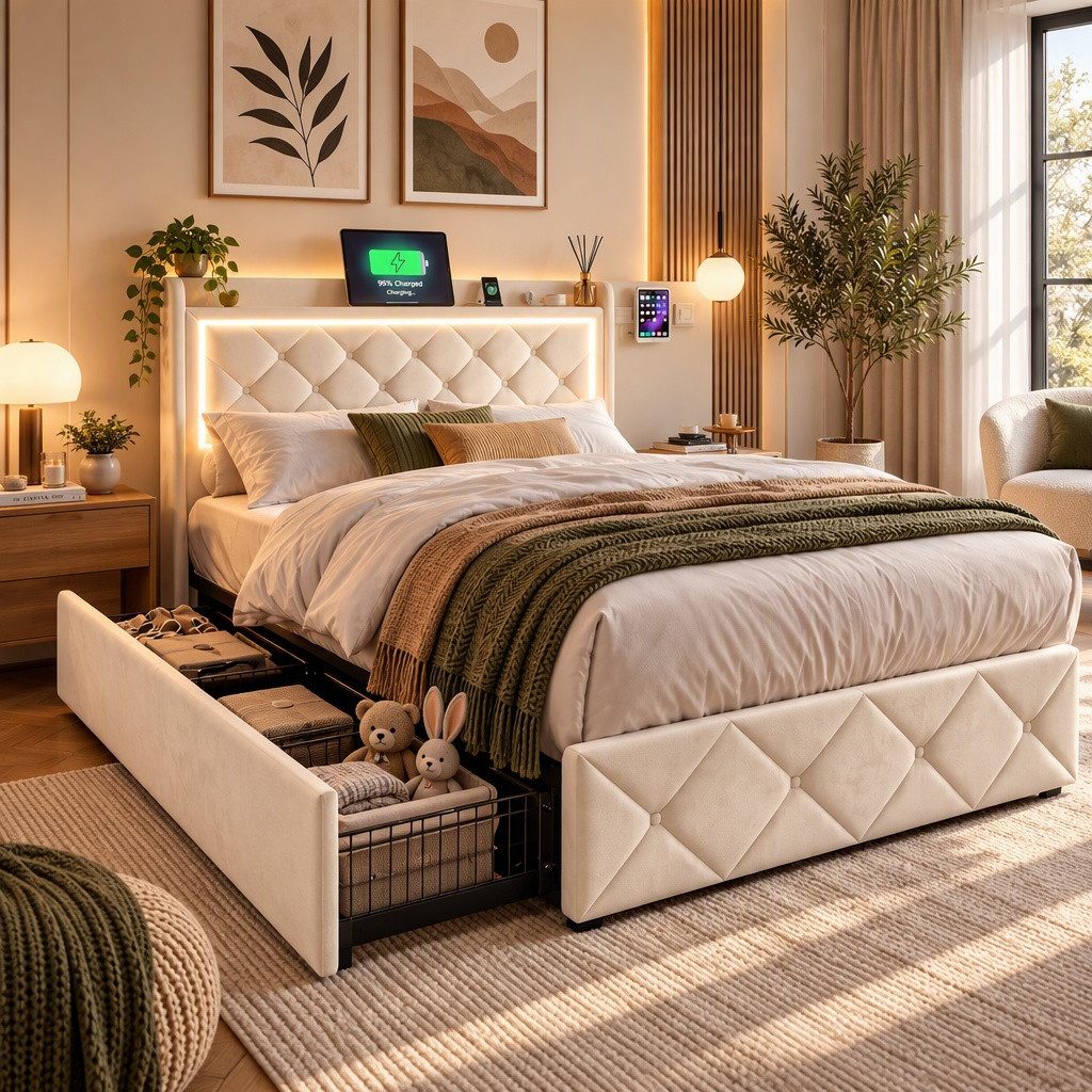 Furnishings Home Polsterbett LED Doppelbett Stauraumbett mit Kopfteil und 4 Schubladen (Samtmaterial Polsterbett mit RGB Beleuchtung), mit Lattenrost und Ladefunktion, mit Komforthöhe, Leises Design Bett
