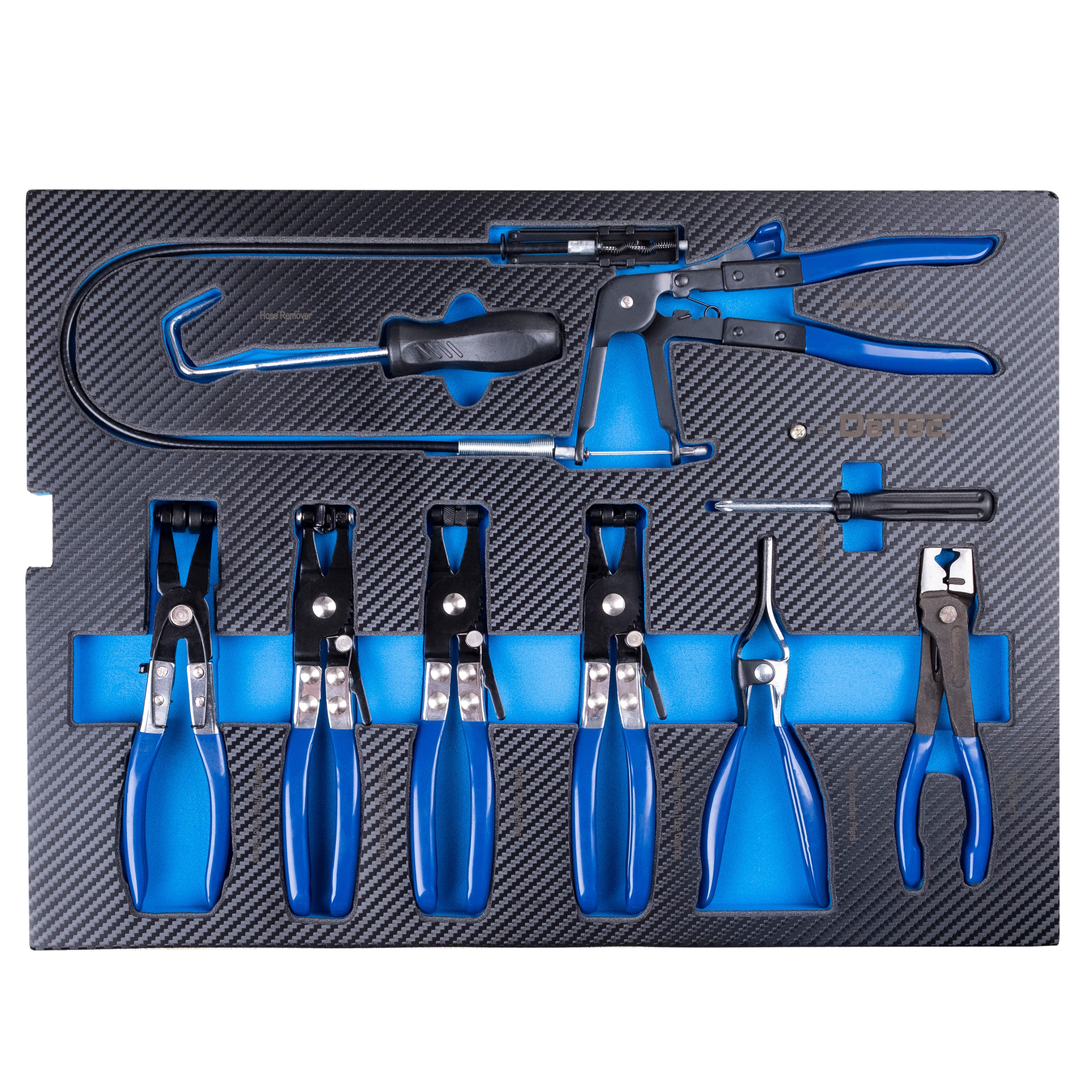 DeTec. Werkzeugset Schlauchklemmenzangen Set 10-teilig im Carbon-Einleger, (10-tlg), 7x Klemmzangen, 3x Zangen-Zubehör, Federbandschellen Kühlerschlauch
