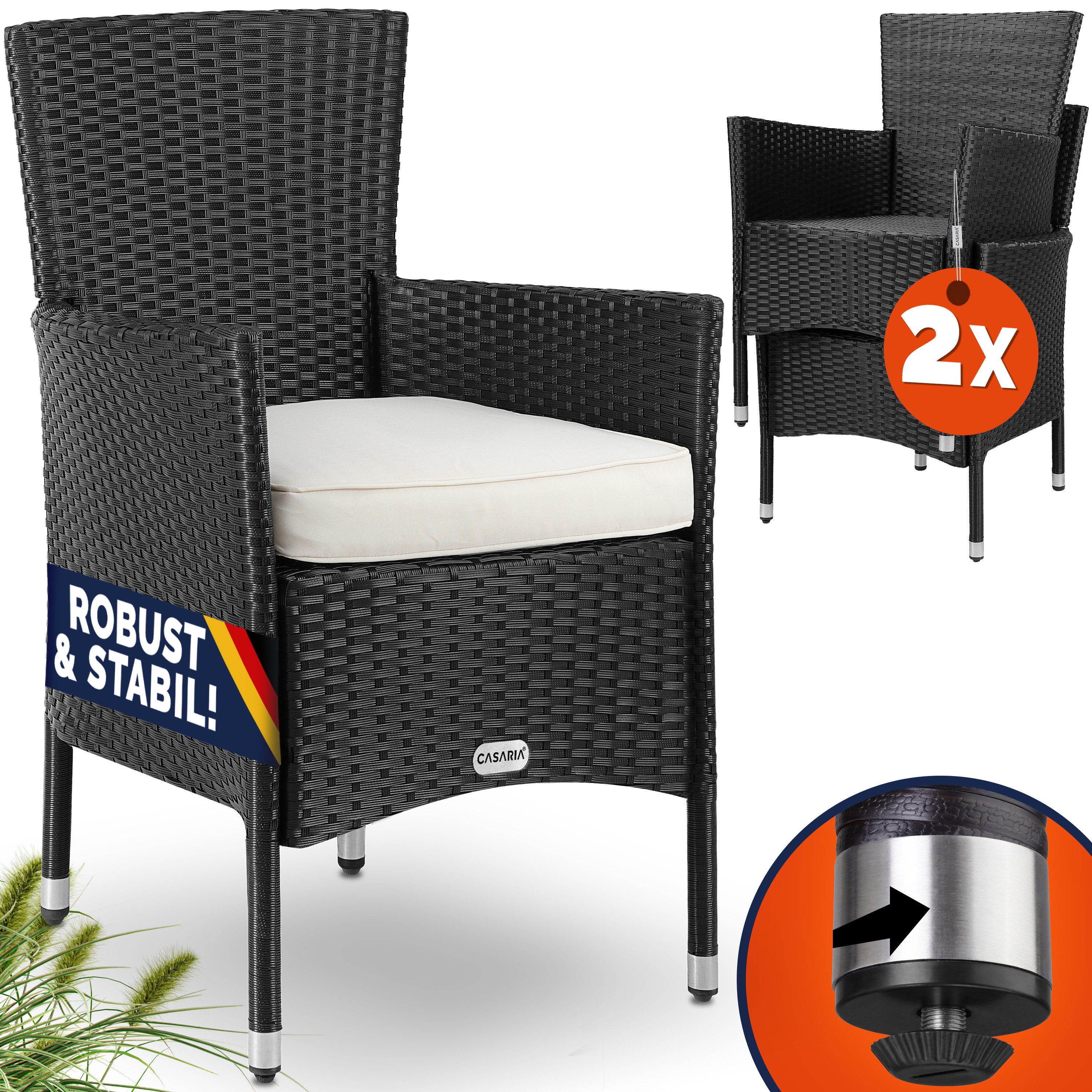 Casaria Gartenstuhl (2 St), Polyrattan 2er Set Stapelbar 7cm Auflagen 160kg Belastbarkeit