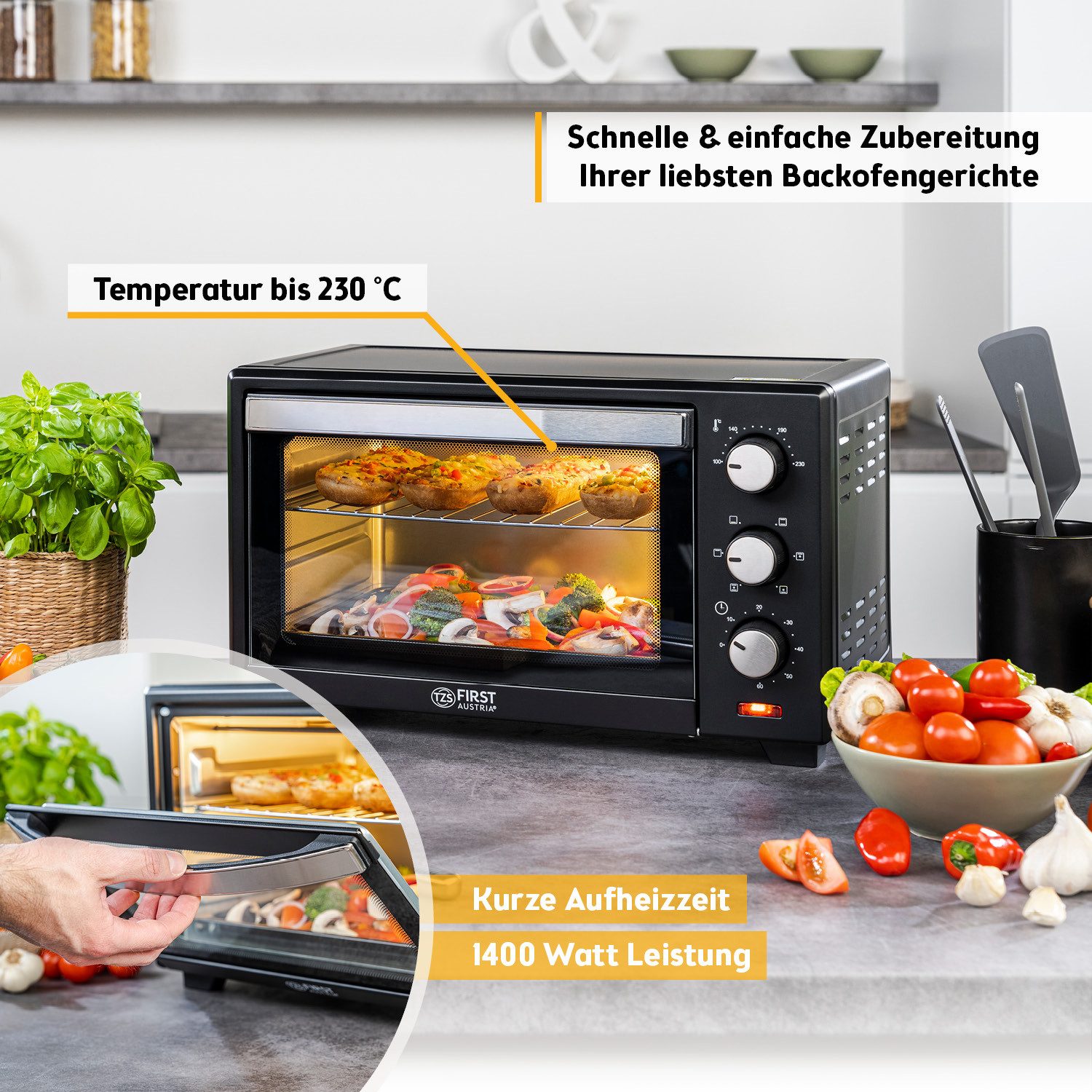 TZS FIRST AUSTRIA Minibackofen 20L 1380W, stufenlose Temperaturregelung bis 230°C, 60 Min Timer, 3 Einschubhöhen, Doppelglastür, Umluftfunktion