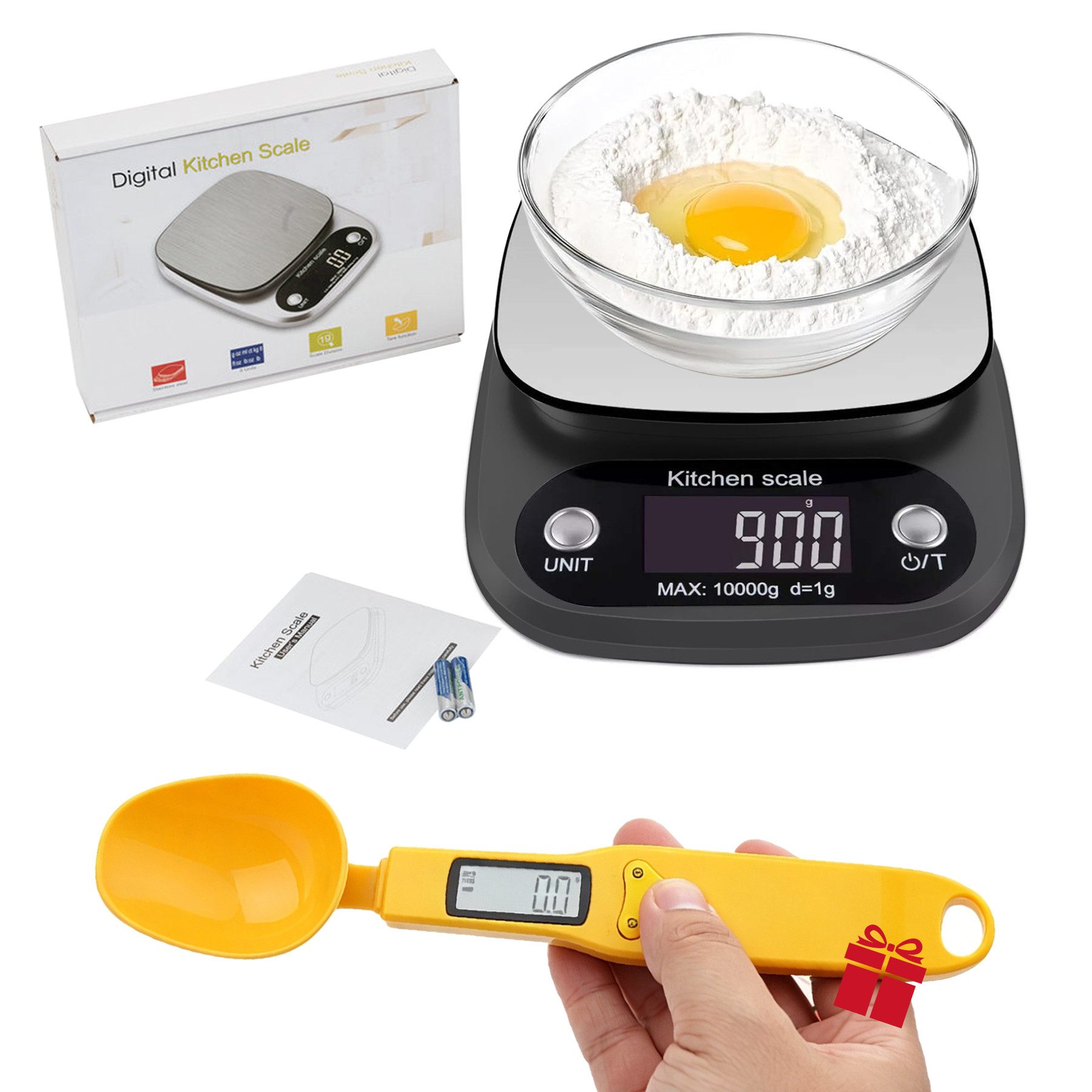 Senmudi Küchenwaage Digitale Küchenwaage Digitalwaage und Löffelwaage, (Küchen Edelstahl Präzision auf bis zu 0,1g (5kg Maximalgewicht), mit Tara Funktion, Lebensmittelwaage, Präzisionswaage), für Gewichtsverlust Diät Backen Kochen, Edelstahl Wiegeplattform