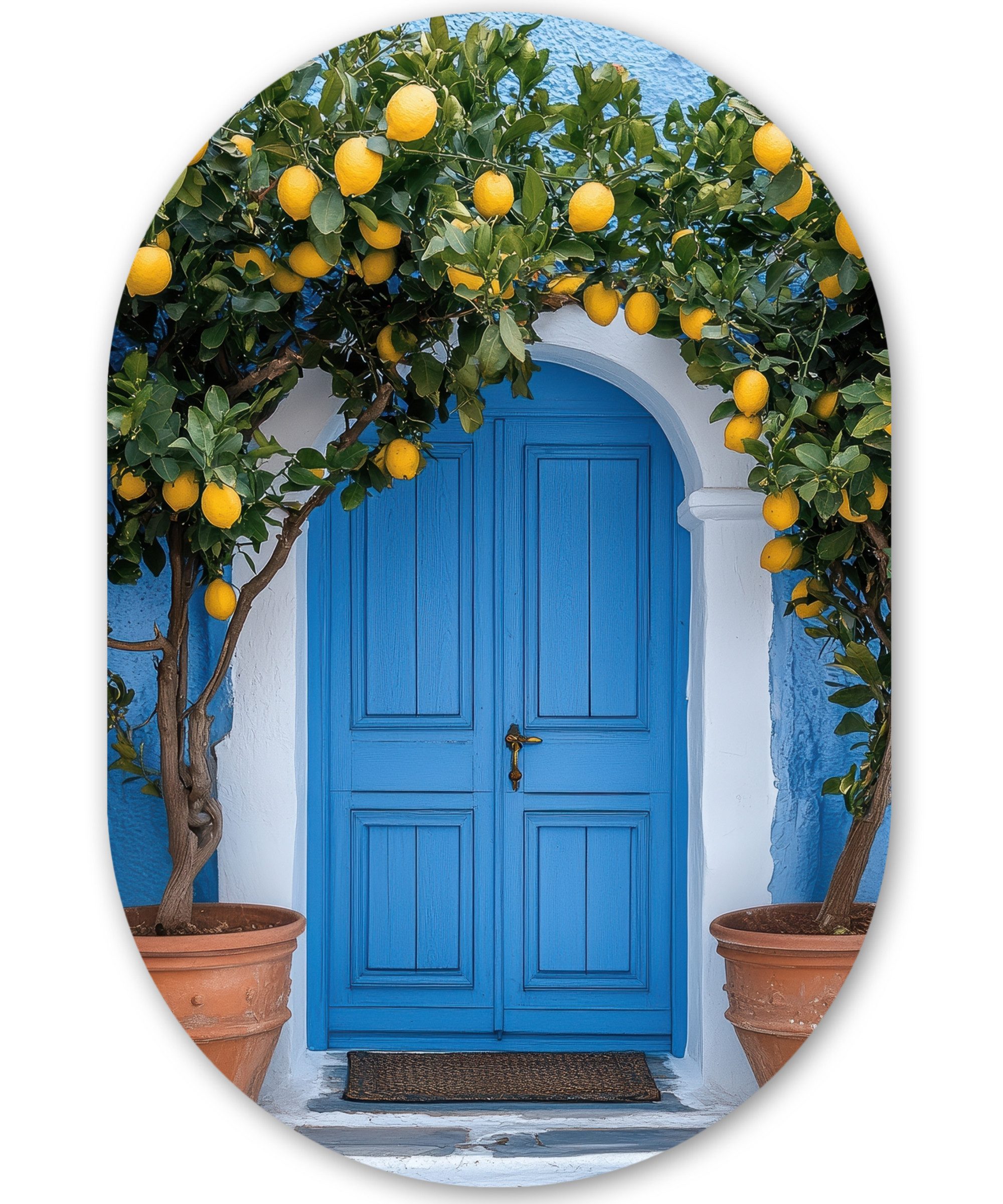 MuchoWow Картина Zitronenbäume - Gelb - Tür - Töpfe, Fotodruck (1 St), Wandbild Oval, Wohnzimmer oder Schlafzimmer Wanddekoration, 40x60 cm