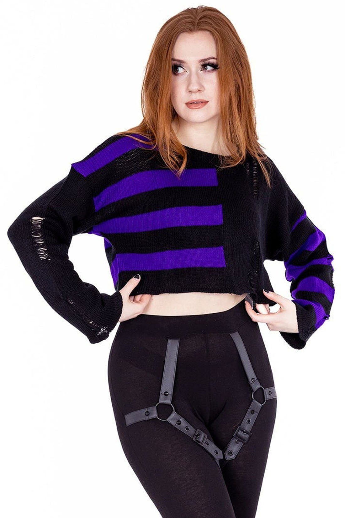 Vixxsin Strickpullover Violetta Lila Strick Pulli Emo Punk Nu Goth Gestreift