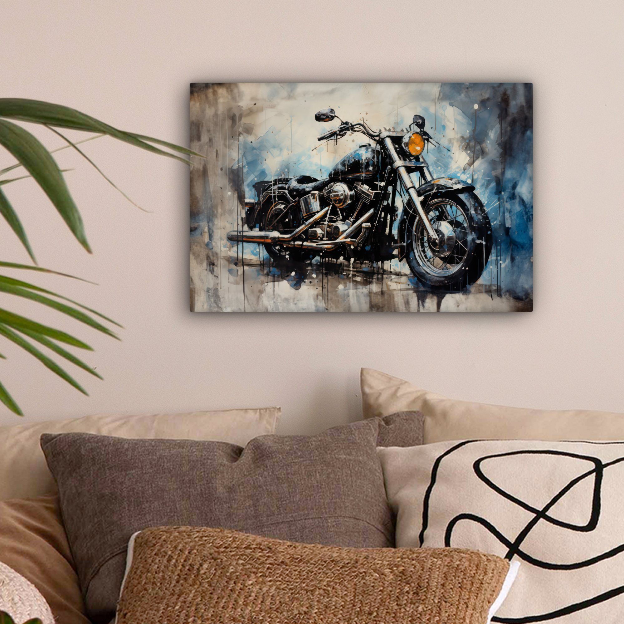 OneMillionCanvasses® Leinwandbild Motorrad - Fahrrad - Blau - Pastell - Weiß, Fotodruck (1 St), Leinwand Bilder Klein, Wand Dekoration Aesthetic 30x20 cm