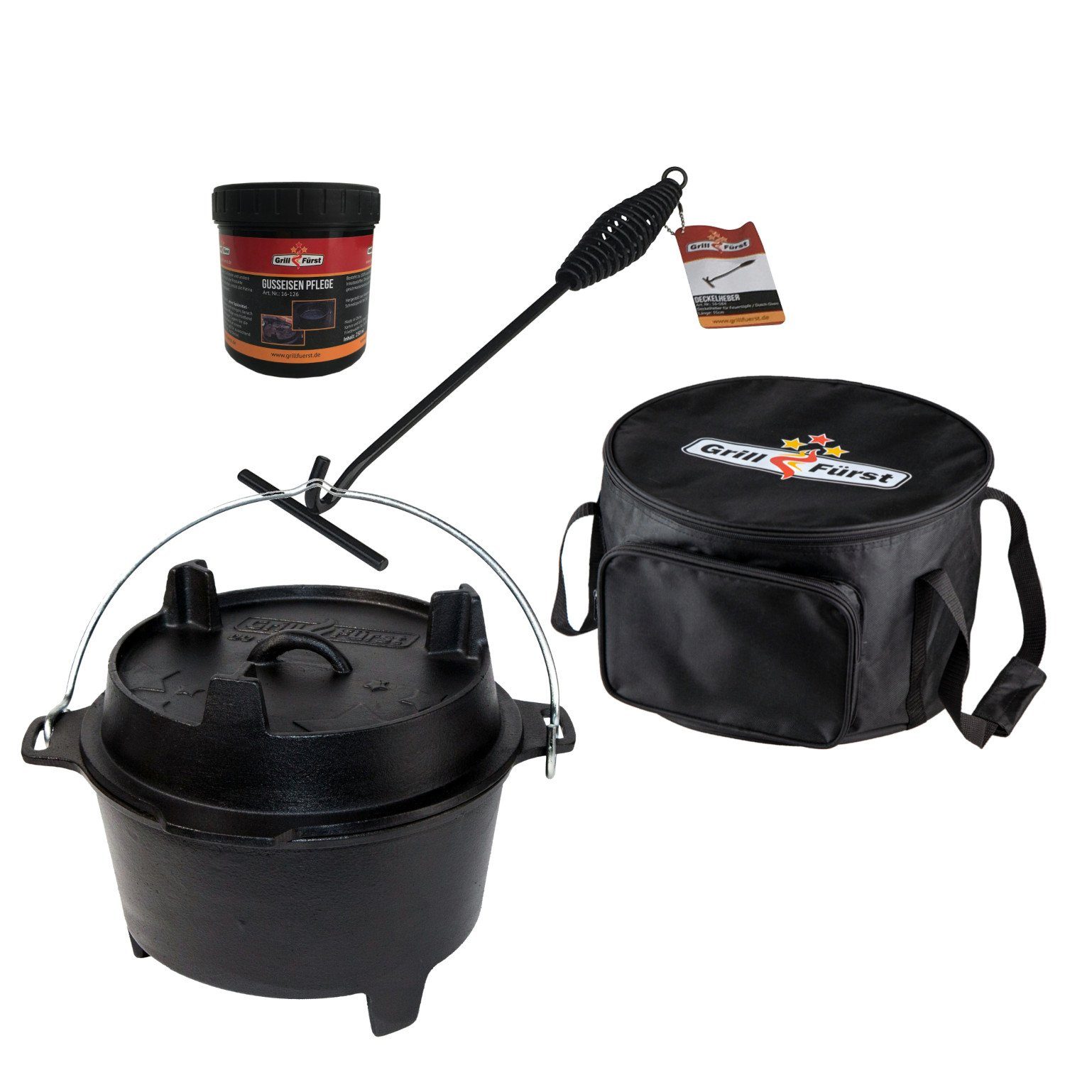 Grillfürst Bratentopf Grillfürst Dutch Oven BBQ Edition DO6 - X-DEAL inkl. Tragetasche, Gusseisen Pflege und Deckelheber