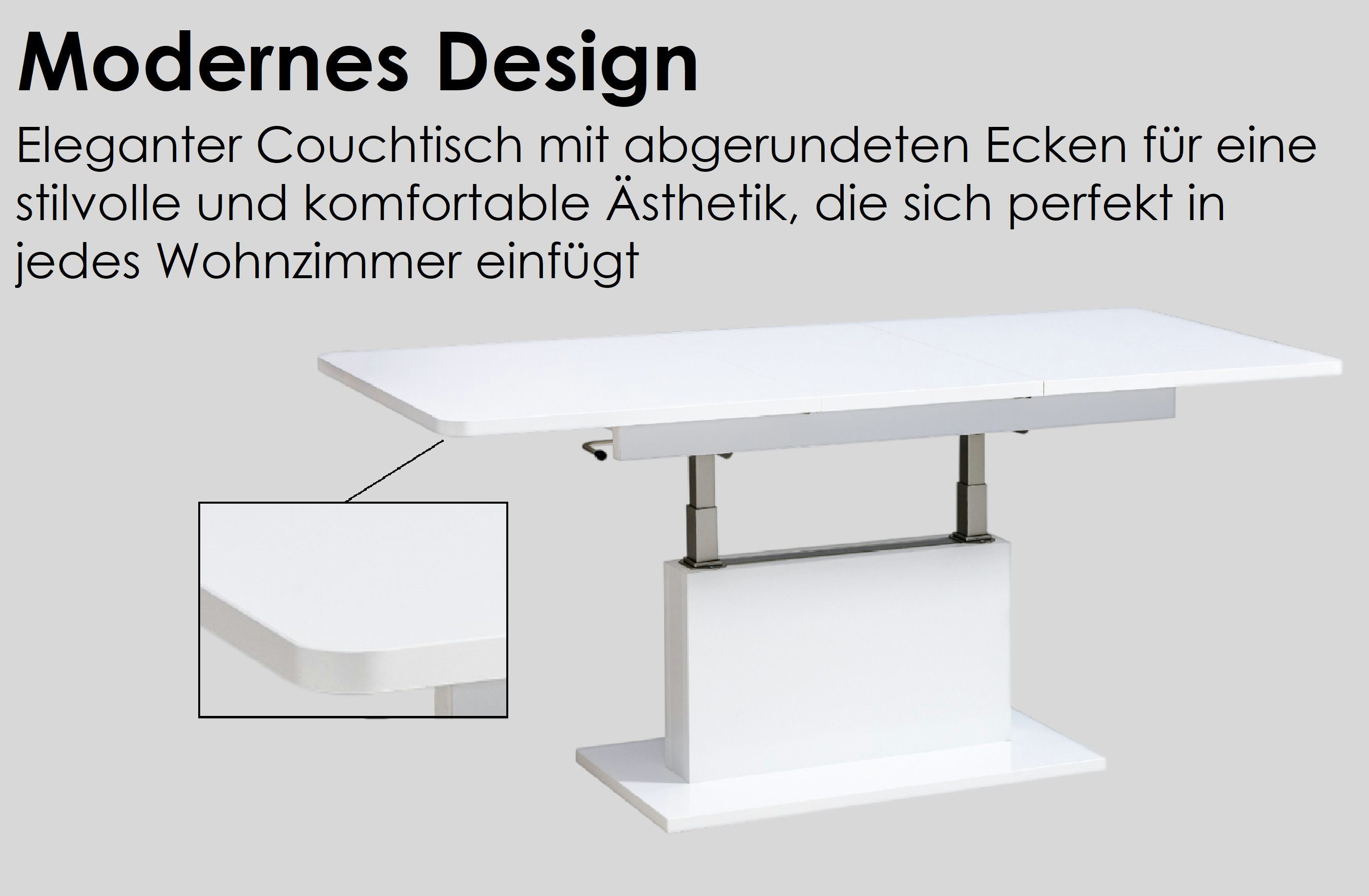 designimpex Couchtisch DC-1 Weiß Hochglanz stufenlos höhenverstellbar ausziehbar Esstisch, Funktionstisch, Wohnzimmertisch, Tisch, Esstisch, Sofatisch – Bild 5 von 5