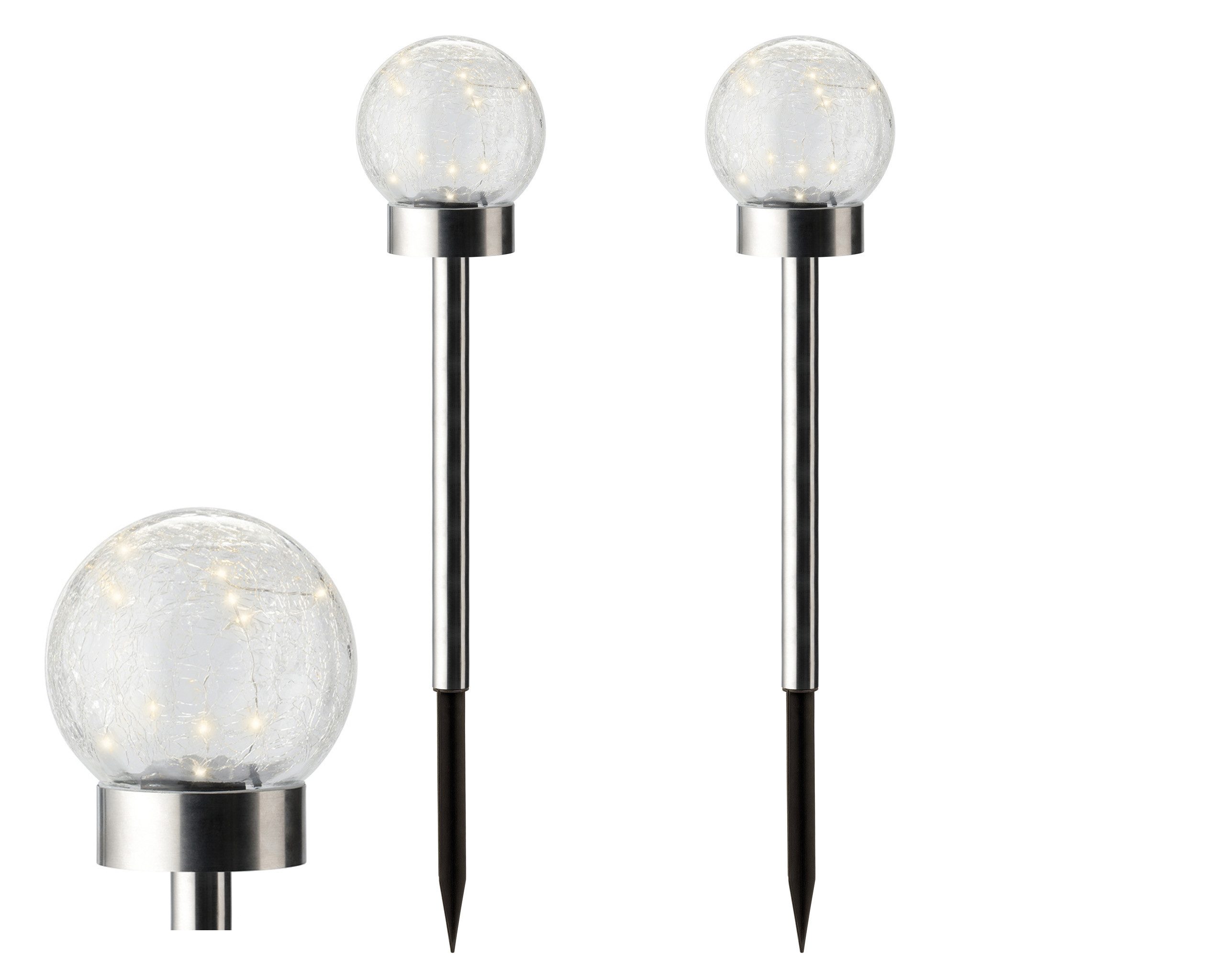 Lumineo LED Solarleuchte, Dauerlicht, warmweiß, Solar LED Außenleuchten 35cm Kunststoff Glas 2er Set Silber / Warmweiß