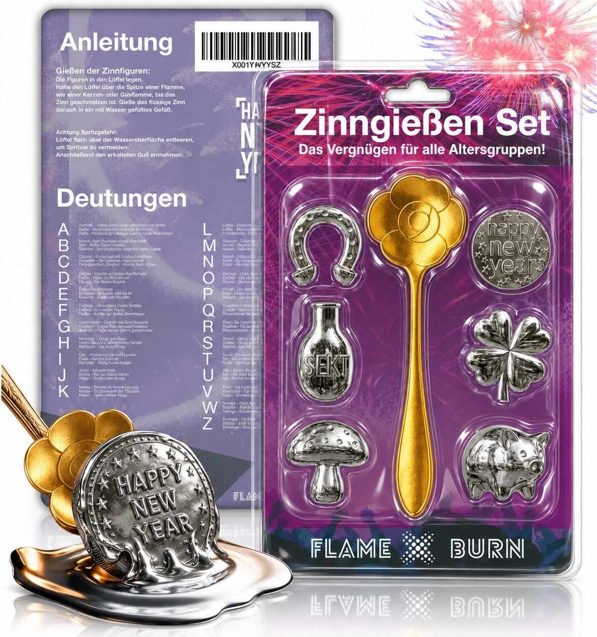 FlameXBurn Spiel Zinngießset für Silvester mit Löffel und Orakelbuch von FlameXBurn