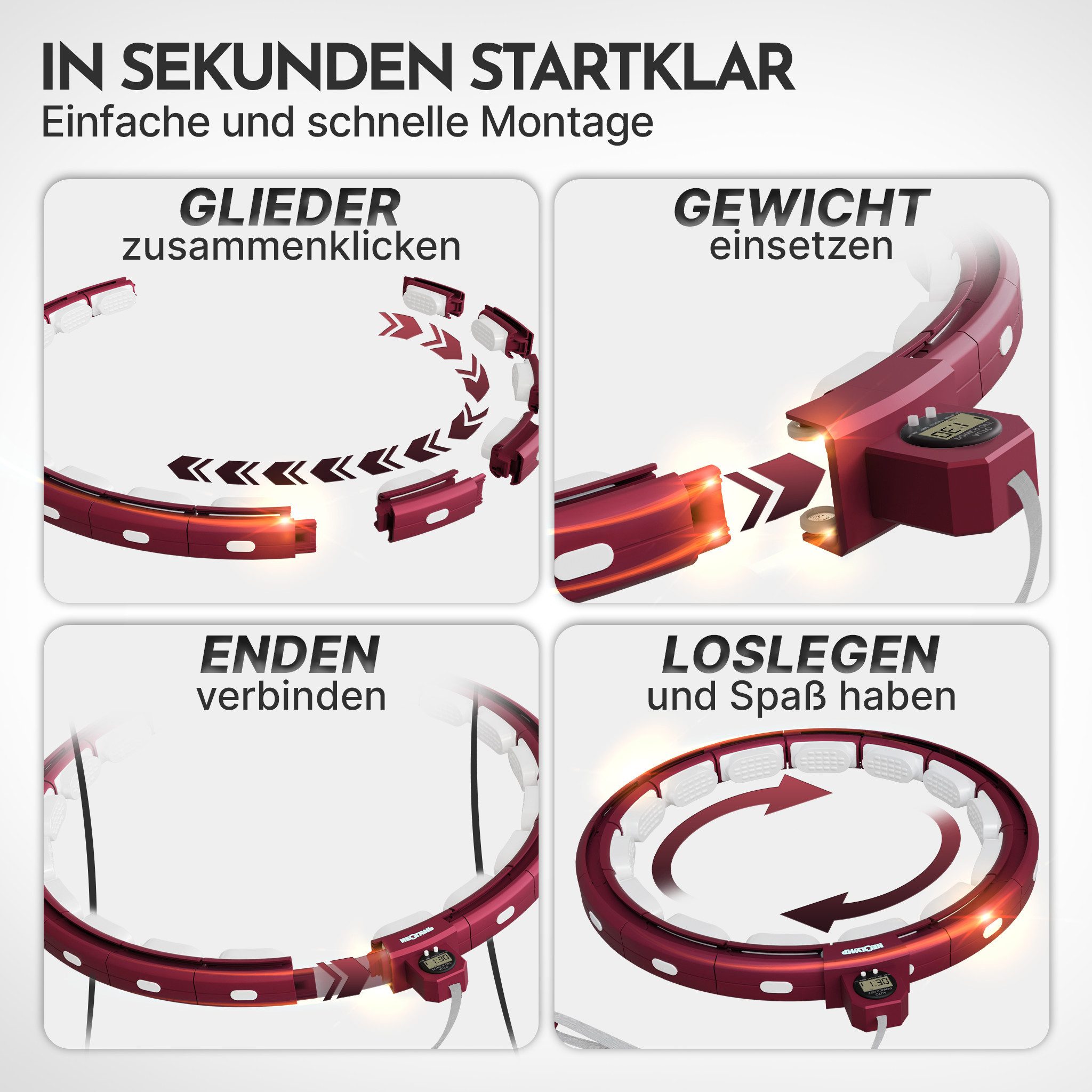 NEOLYMP Hula-Hoop-Reifen Hula Hoop Reifen Erwachsene – Fitness Ring leise verstellbar 29–40 cm (Smarter Hula Hoop Reifen verstellbar 29–40 cm Klick-System, Home Gym), Gymnastikreifen mit Tracking für Zeit, Umdrehungen und Kalorien