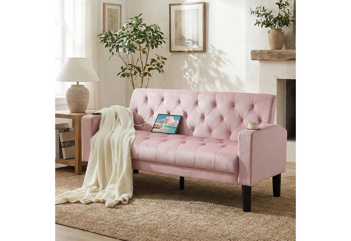 GRAVFORCE Sofa mit Ladeports und Becherhaltern 151cm Blau Samt, 1 Teile, für Wohnzimmer und Büro